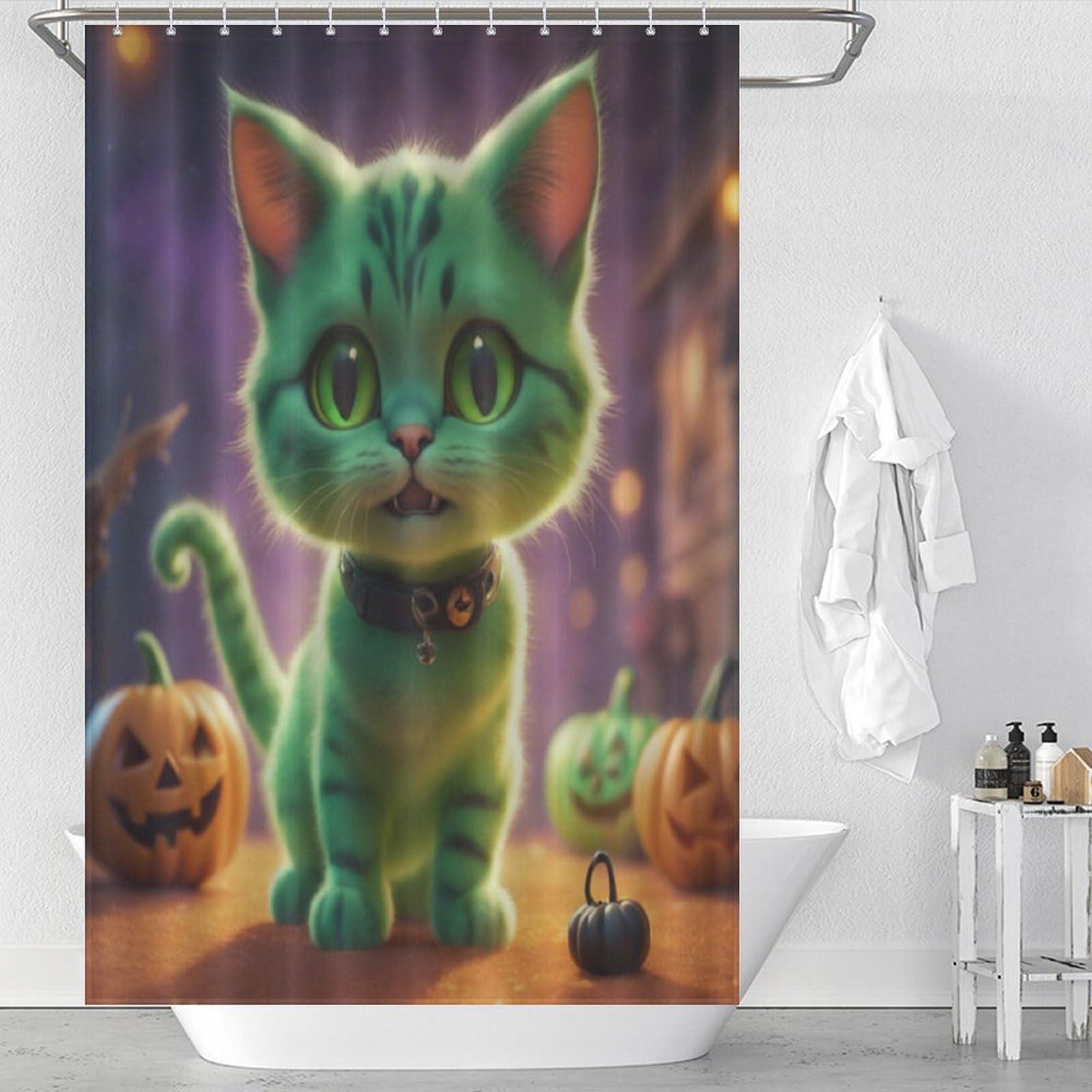 Rideau de douche chat d'Halloween imperméable en polyester 122x183cm avec 12 anneaux