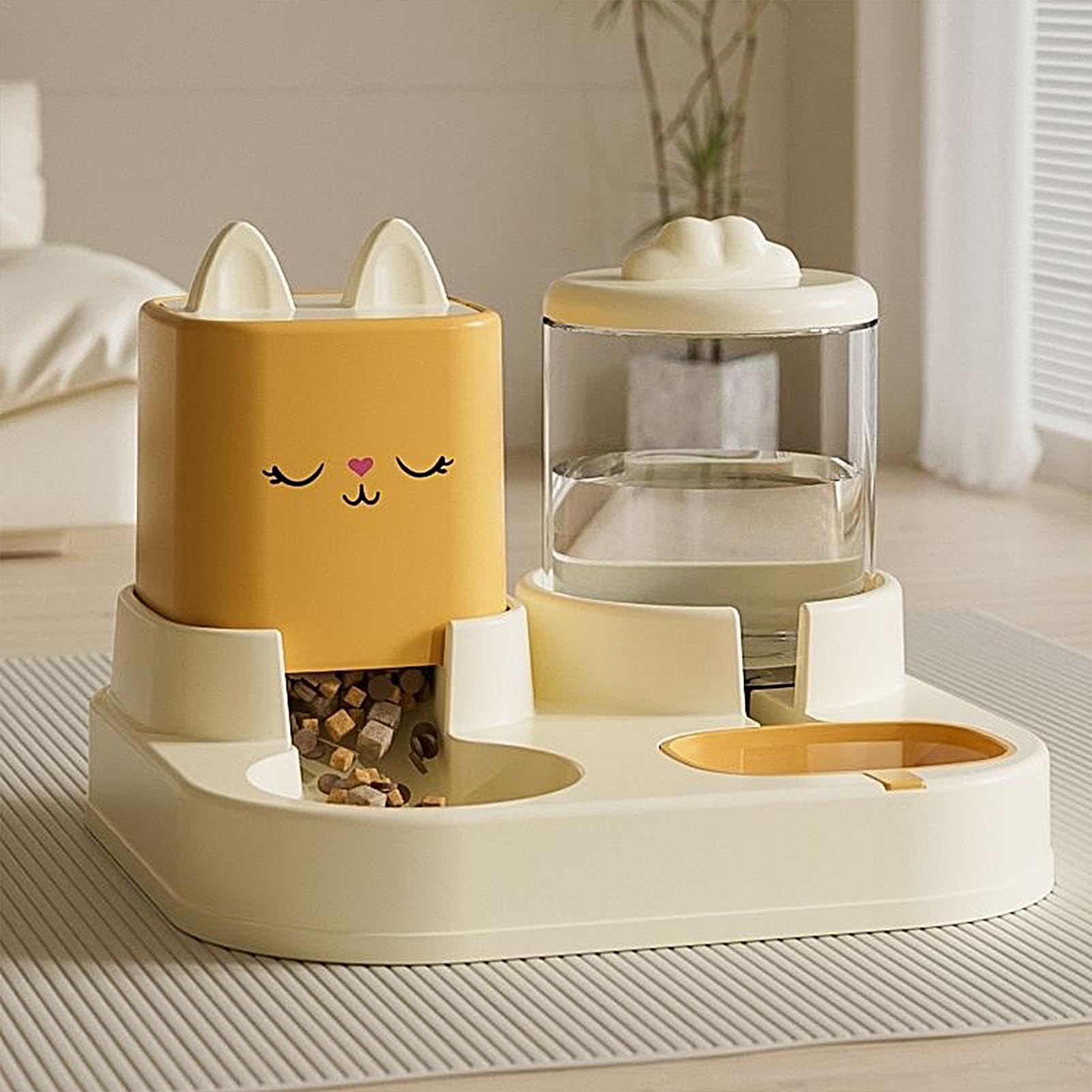 Comedero automático para Mascotas Juego de comedero y Bebedero for Gatos, comedero y Bebedero for Mascotas, Cuencos Dobles con Bebedero automático.(Yellow)