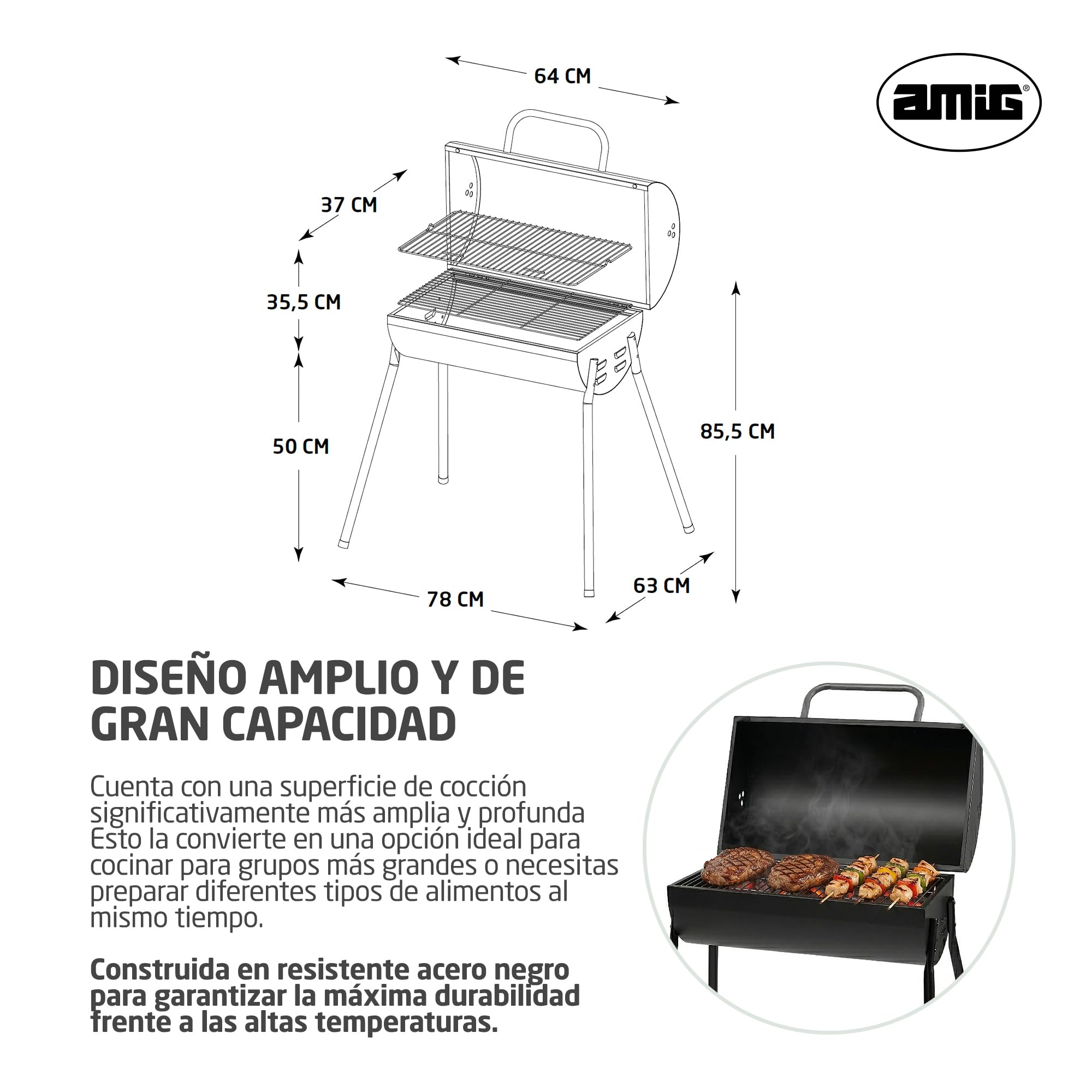 Amig - Barbacoa de carbón - 83 x 58 x 84 cm - Negro - Fabricado en Acero - para jardín y patio con uso familiar y reuniones con montaje sencillo limpieza cómoda y calidad consistente. Mod. KALDERA