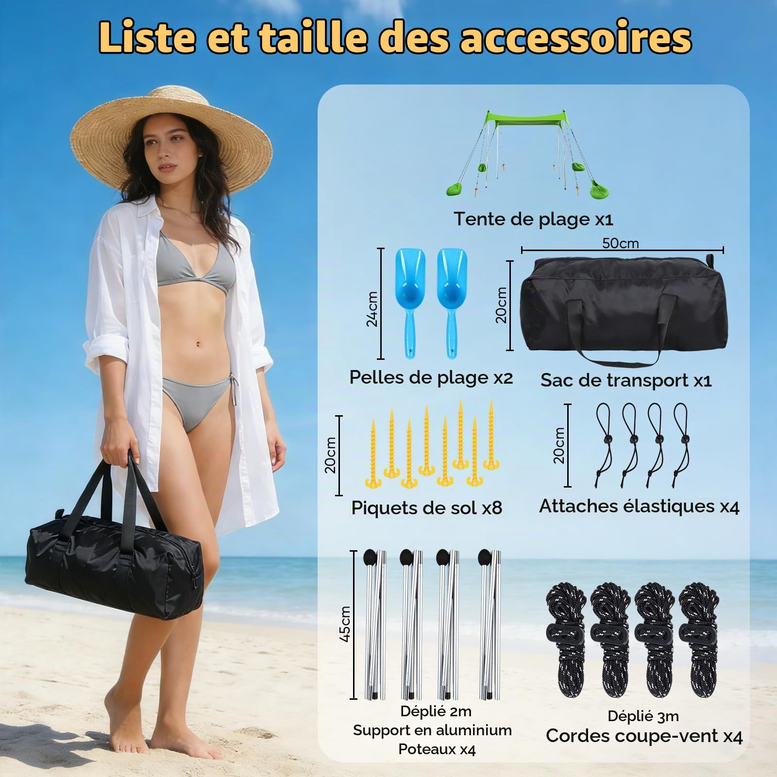 Tente de plage - 2 x 2,1 m - Protection UV UPF50+ - Design octogonal avec 8 piquets et 4 barres renforcées - Tente de plage compacte pour 2 à 3 personnes - Résistante au vent - Pour camping