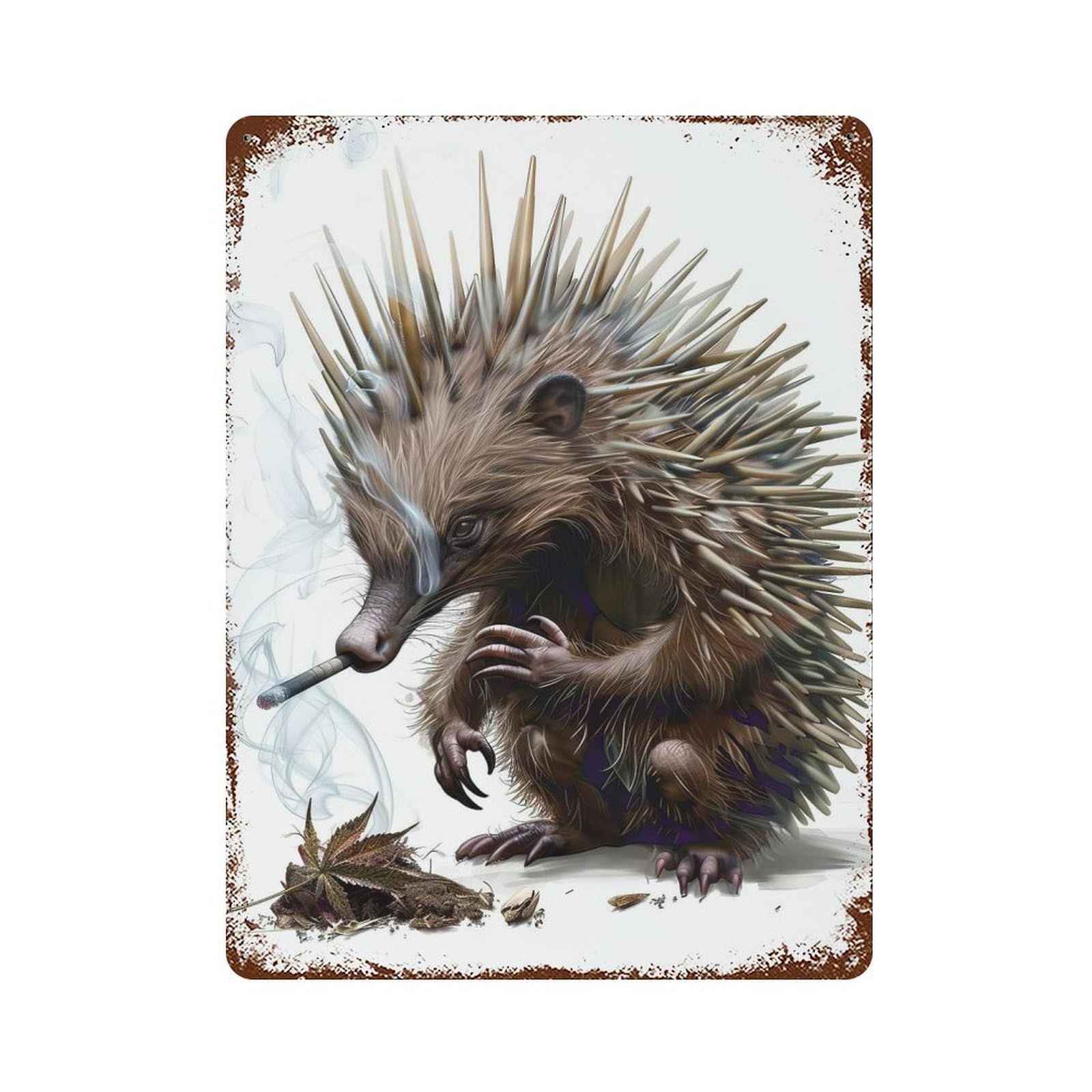 Echidna Smoking Weathered Tin Sign 15.7"x11.8", Ideal for Shed, Workshop And Garage Wall Decor