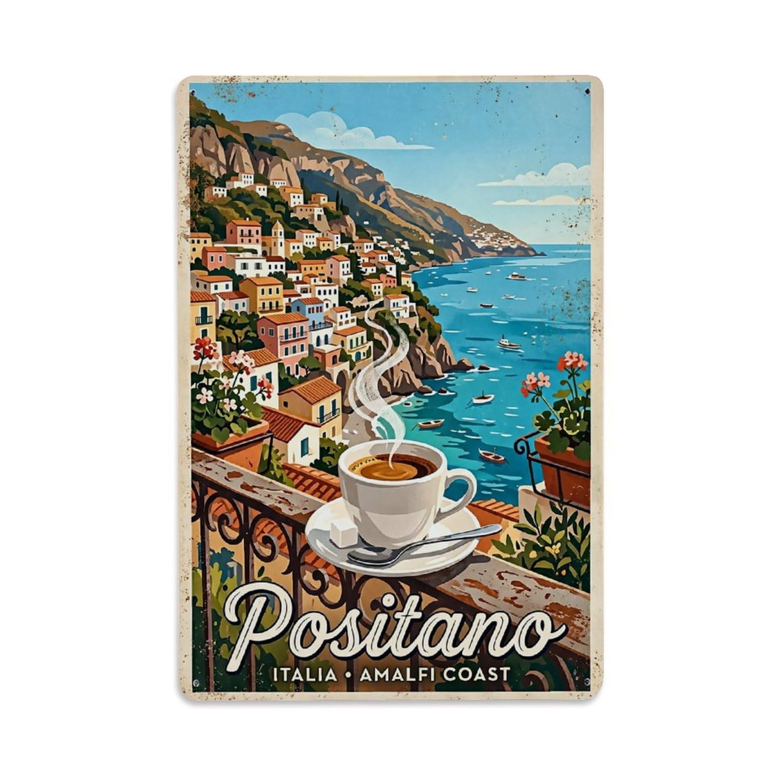 Huiyhb 8X12inch(20X30cm) Vintage Travel Positano Italy Espresso Balcony Ritual Metal Tin Sign