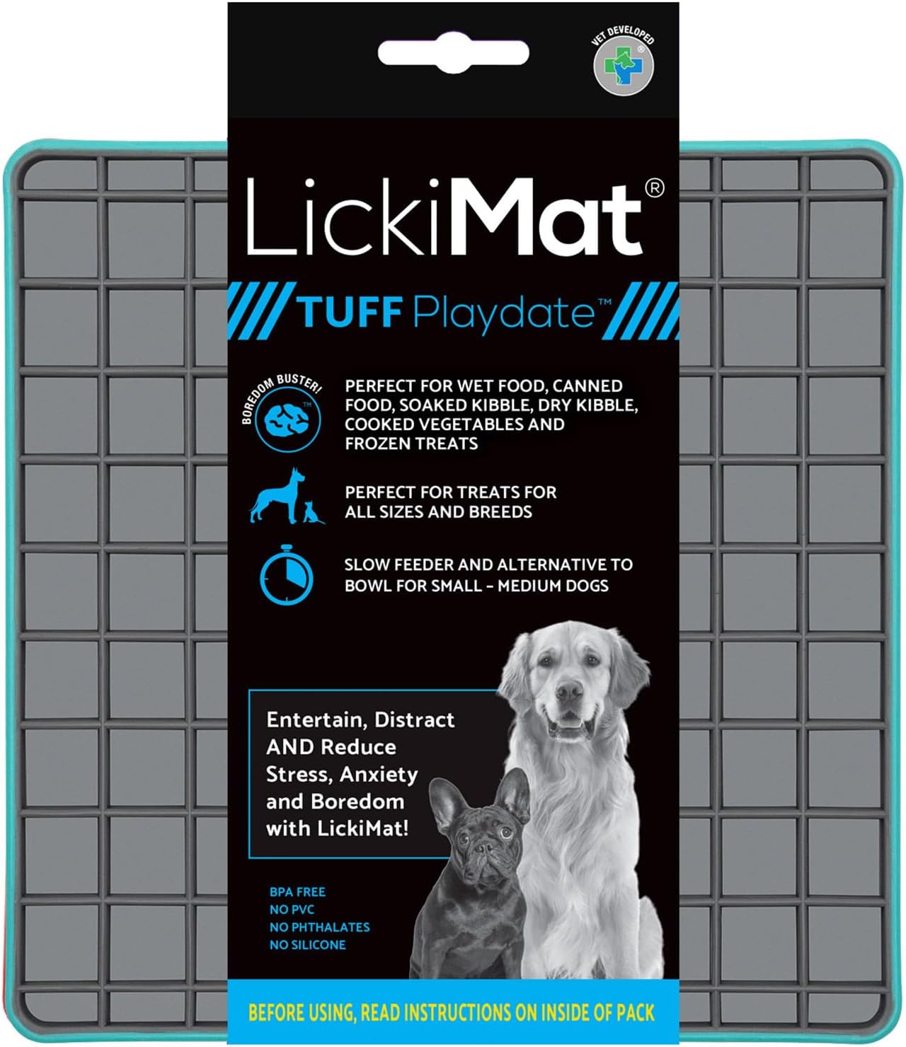 Lickimat Tuff, Heavy-Duty Playdate, Dog Slow Feeder Lick Mat, Boredom Anxiety Reducer; Perfect for Food, Treats, Yogurt, or Peanut Butter, Fun Alternative to a Slow Feed Dog Bowl, Turquoise