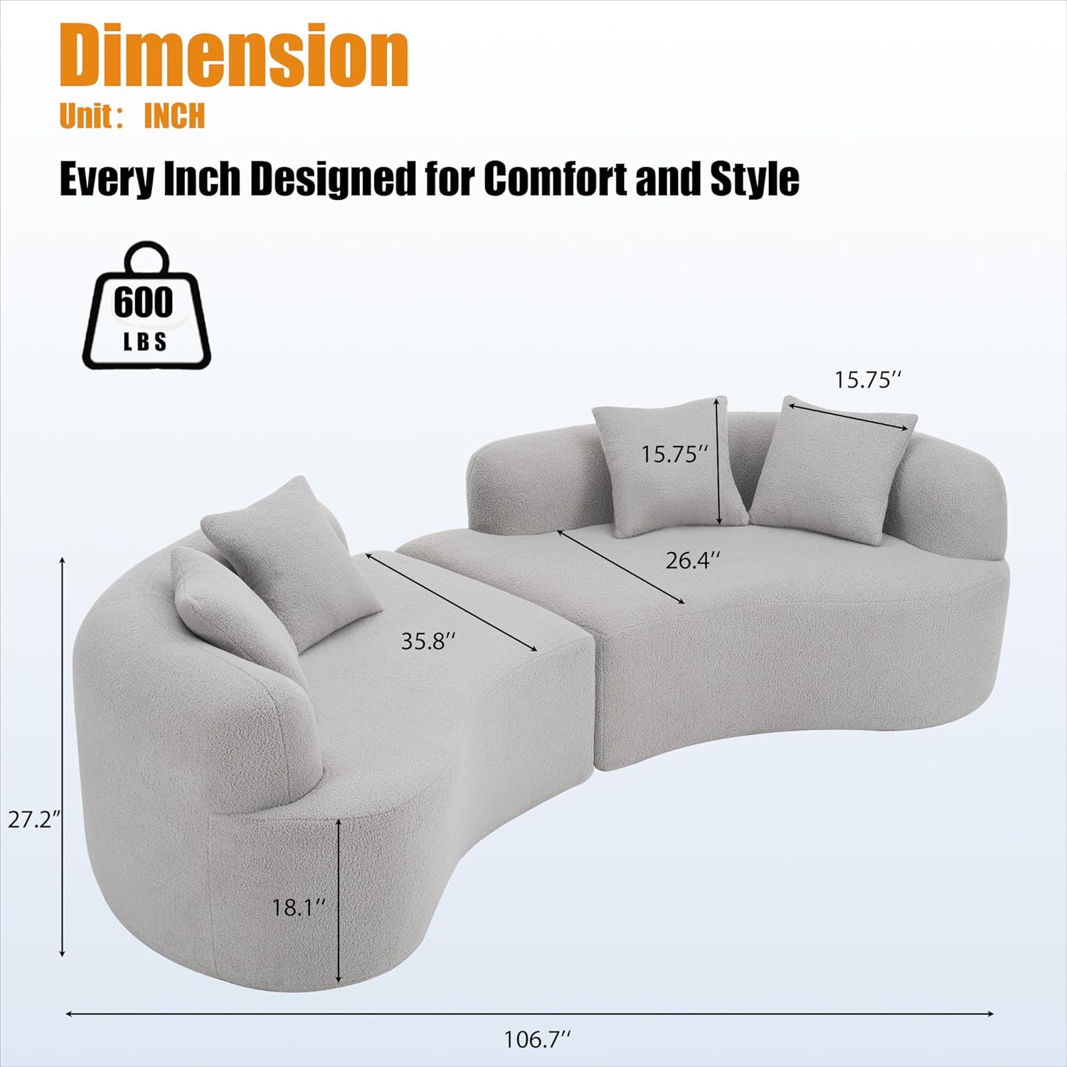 106.7 "Curved Sofa, Oversized Wide seat deep Living Room loveseat, Modern Boneless Couch, Luxurious Teddy Cloth Couch, for Small and Medium-Sized Family Cloud Sofa, no Assembly Required (Grey)
