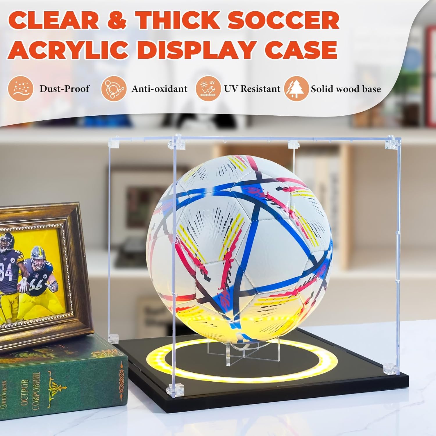 Soccer Display Case with Light,Full Size Acrylic Box with Removable Built-in Ball Display Stand, UV Protected Clear Case for Soccer Fans & Collectors, Sports Collectibles