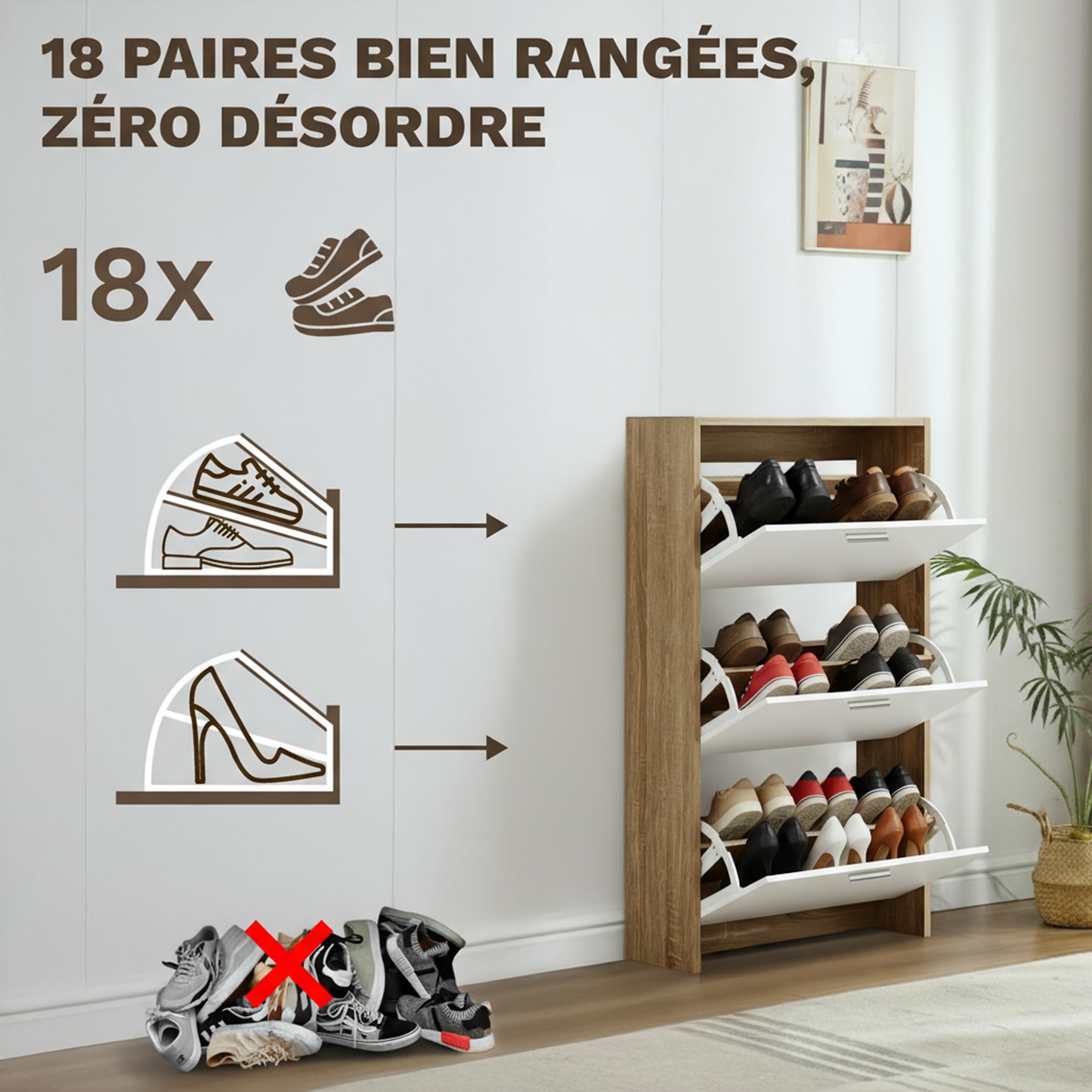 CATAVANA Schuhschrank Schmal - 3 Fächer für 18 Paar - Schuhregal Geschlossen - Platzsparend & Modern – Schuh Regal mit hoher Kapazität - Schuhe Schrank 60 x 24 x 113cm - Shoe Cabinet