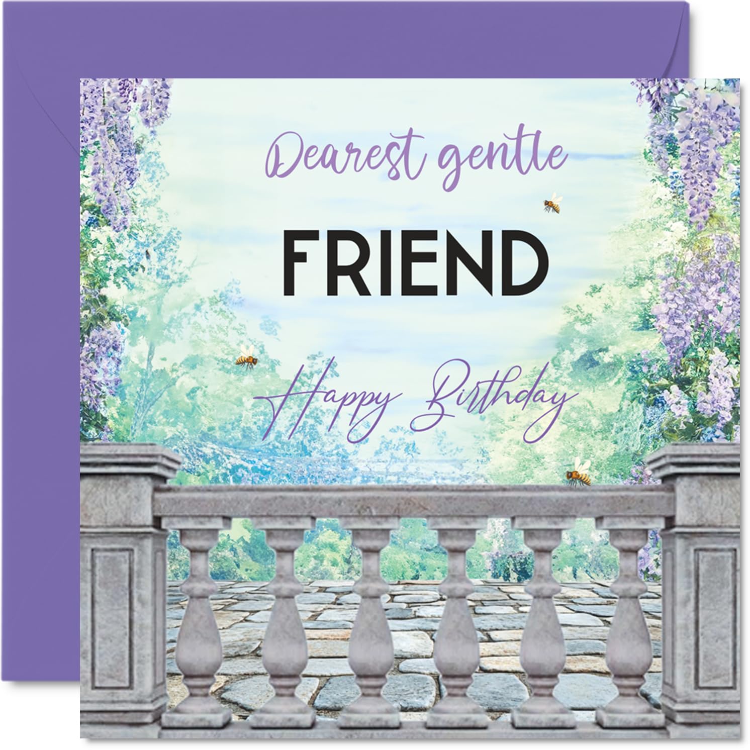 Heartfelt Birthday Card for Friend - A Warm Wish for a Gentle Friend - Serene Floral Design in Purple and Blue Hues - 145mm Square, Envelope Included