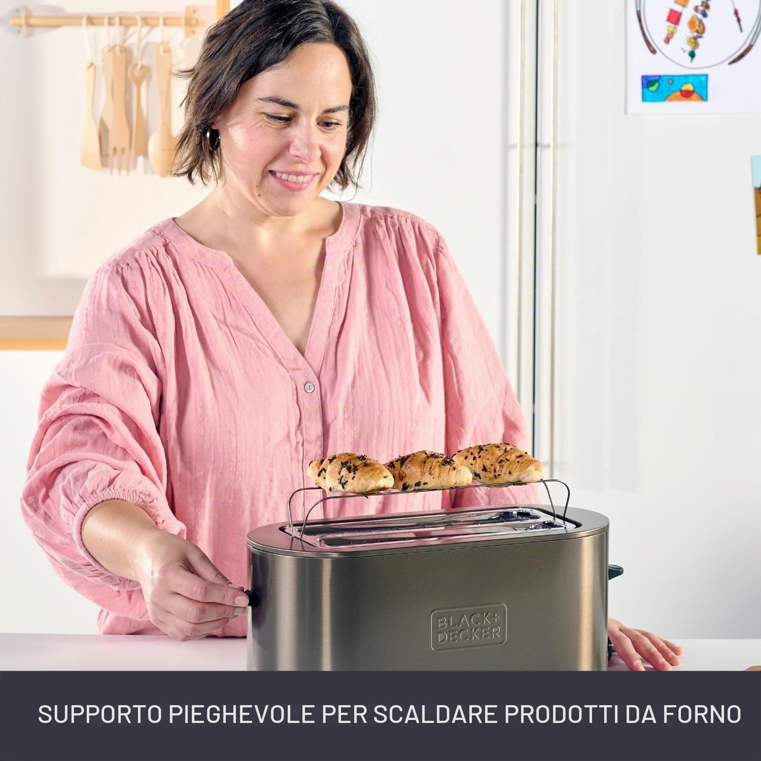 BLACK+DECKER - Tostapane Extra Large 1500W | Fessure 260x42 mm | 7 Livelli di Doratura | 6 Bande Mica Incandescente | 3 Funzioni Integrate | Supporto Pieghevole per Brioches