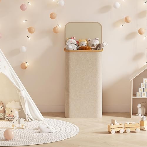 Miniatura 9 de Lifewit Cesta grande de lavandería de 100 litros con tapa, asas de bambú y bolsa extraíble, plegable para ropa sucia para dormitorio, baño,