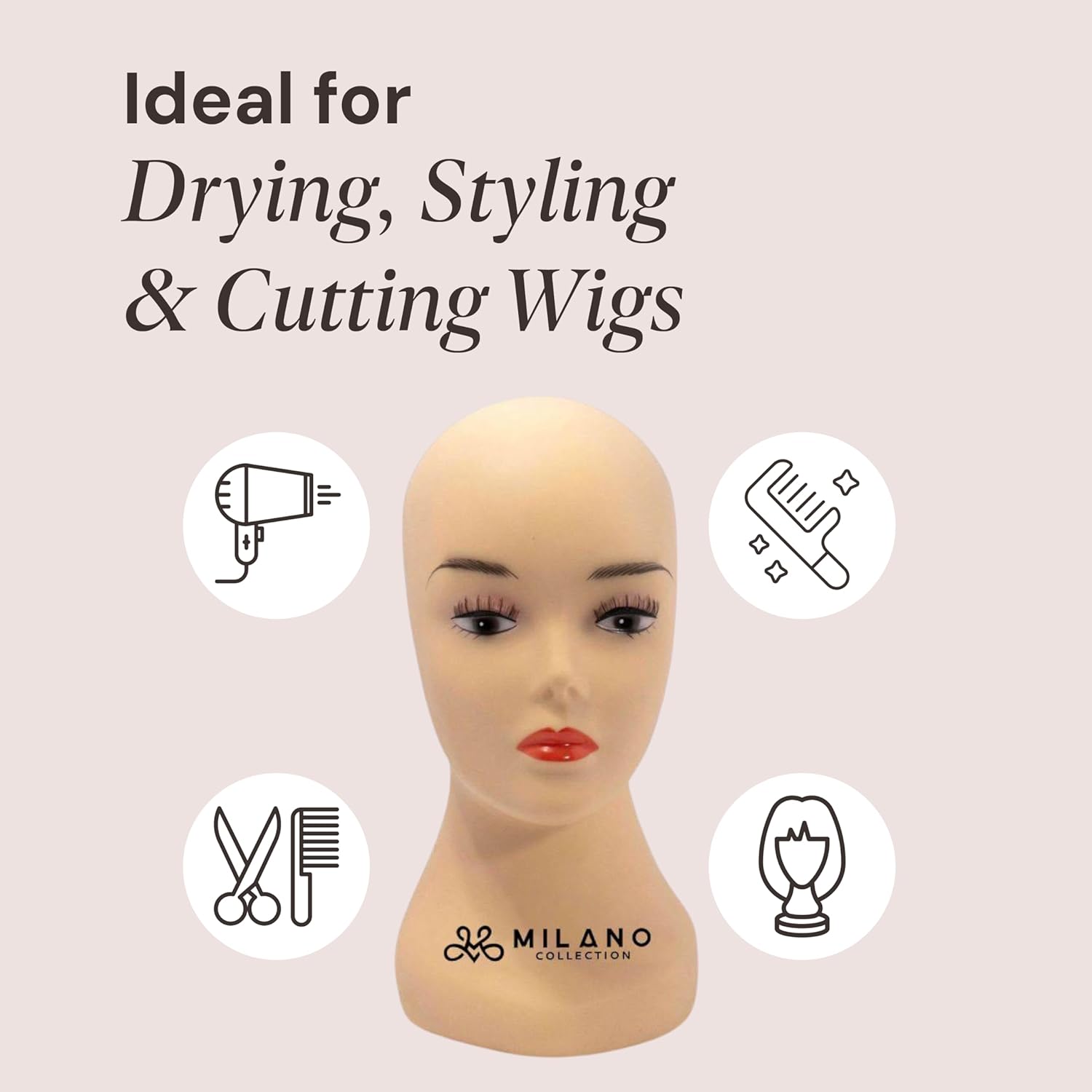 MILANO COLLECTION 12" Durable Silicone Professional Wig Styling Head Compatible with T-Pins, Stand or Tripod- Beige