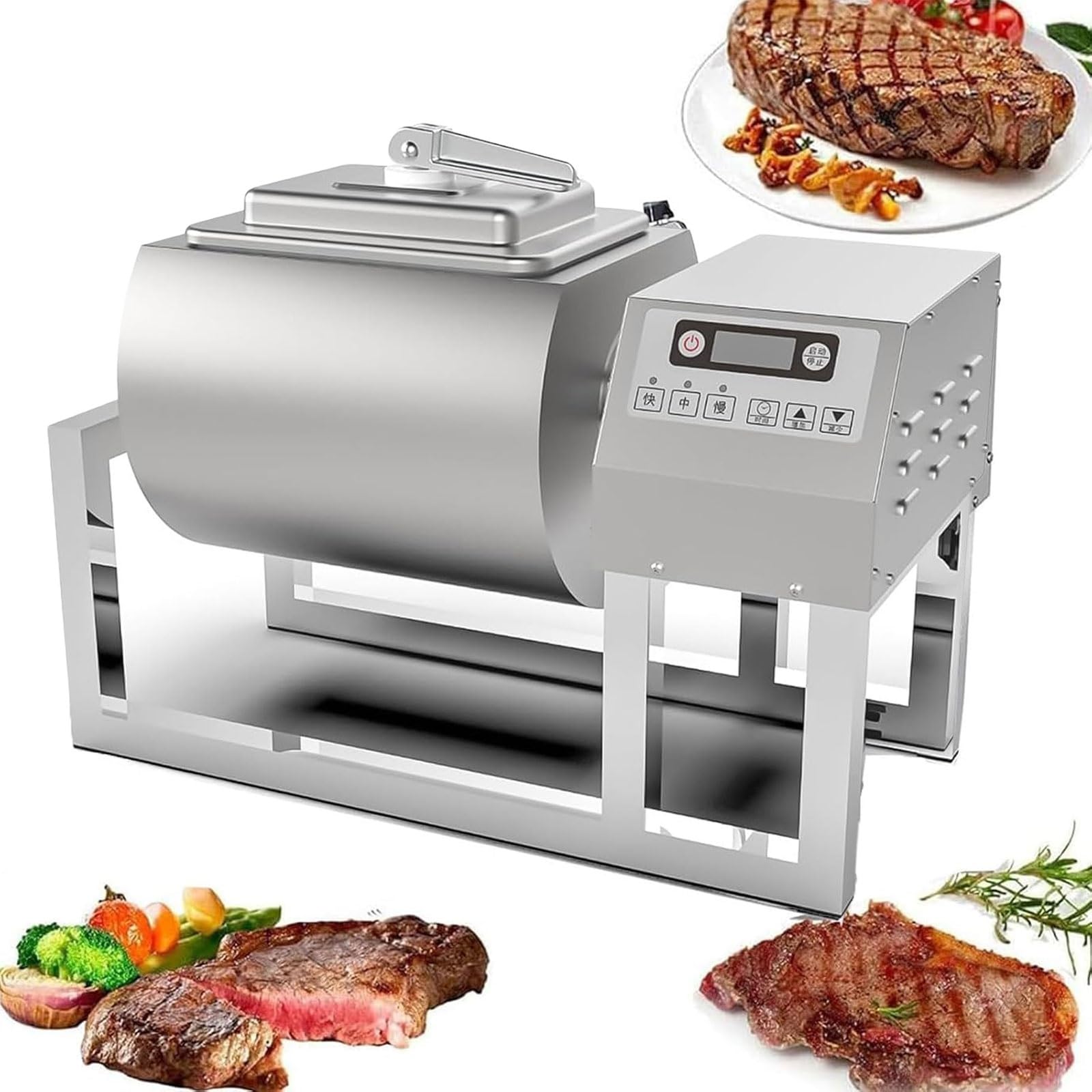 QYOEGSQ Commercial Meat Tumbler Marinator,18L Stainless Steel Electric Vacuum Tumbling Machine,Automatic Meat Mixer with Timer and 3 Speeds,Meat Pickling Machine,for Burger Shops(Circular)