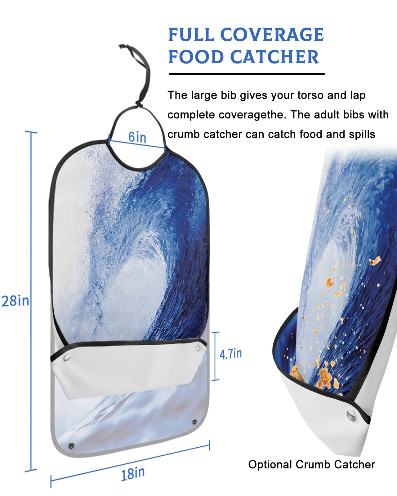 Blue Summer Beach Wave Adult Bibs for Eating, Waterproof Bibs with Food Catcher & Adjustable Snap Closure, Modern Oil Painting Abstract Art Aesthetics Clothing Protectors Adult Bibs for Elderly