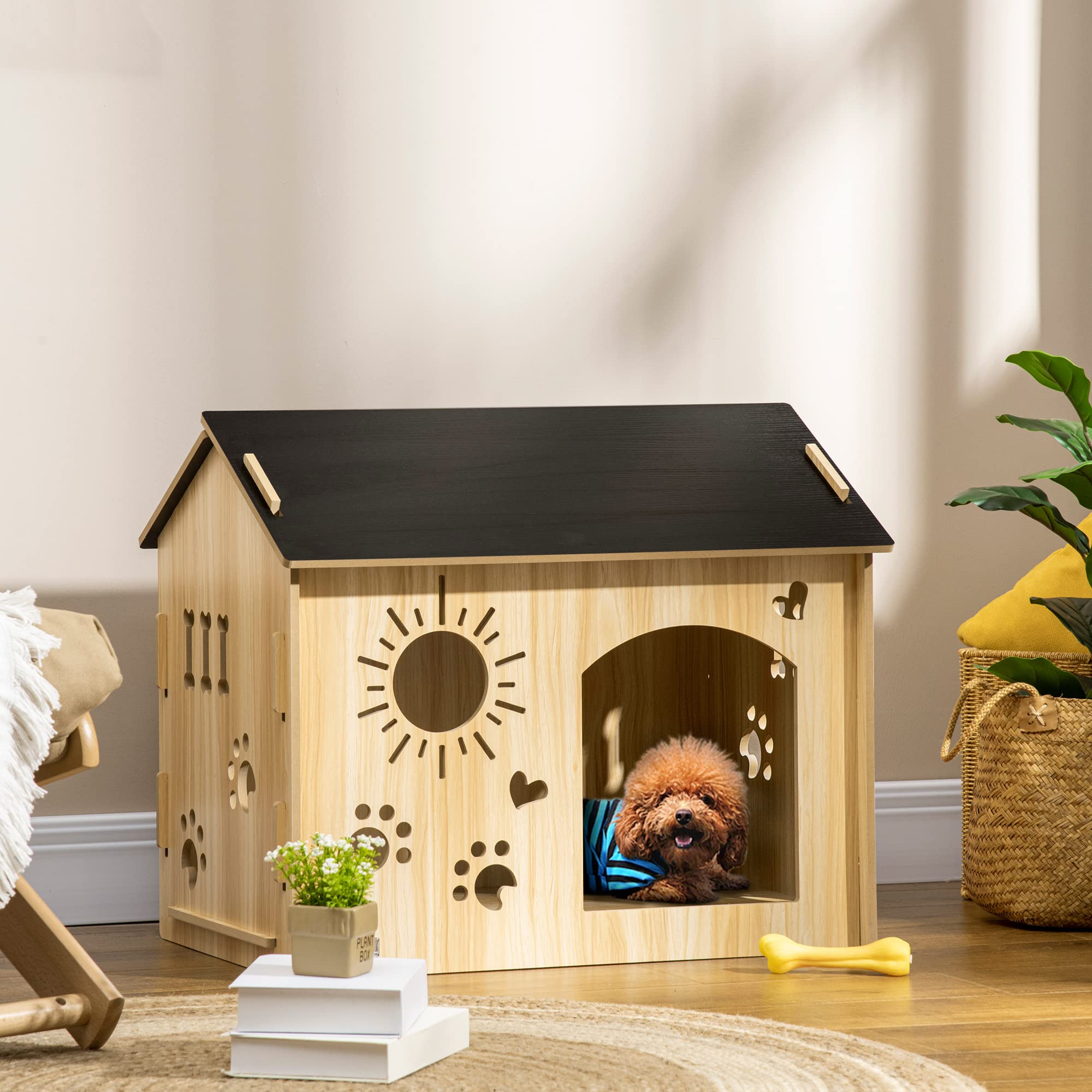 PawHut Caseta de Madera para Perros Pequeños Casa para Mascotas Interior con Puerta Delantera de Forma de Sol Corazón Pata 69x50x58,5 cm Roble
