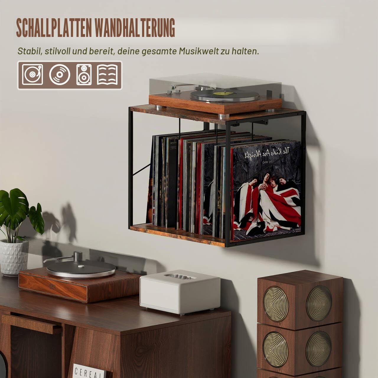 Schallplatten Aufbewahrung, Schallplattenständer für 80–100 Alben, Schallplatten Wandhalterung & Vinyl Halter mit Beweglicher Trennwand, Vinyl Record Storage Holder