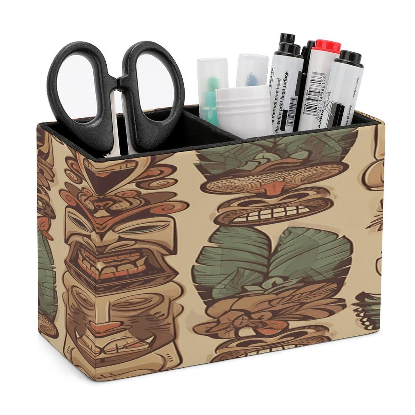 LDGSUPH Vintage Aloha Tiki Leather Pen Holder for Desk Organizer Caddy Large Pencil Cup Multi-function Pencil Holder Makeup Brush Holders Pen Organizer for Home Office Storage Box