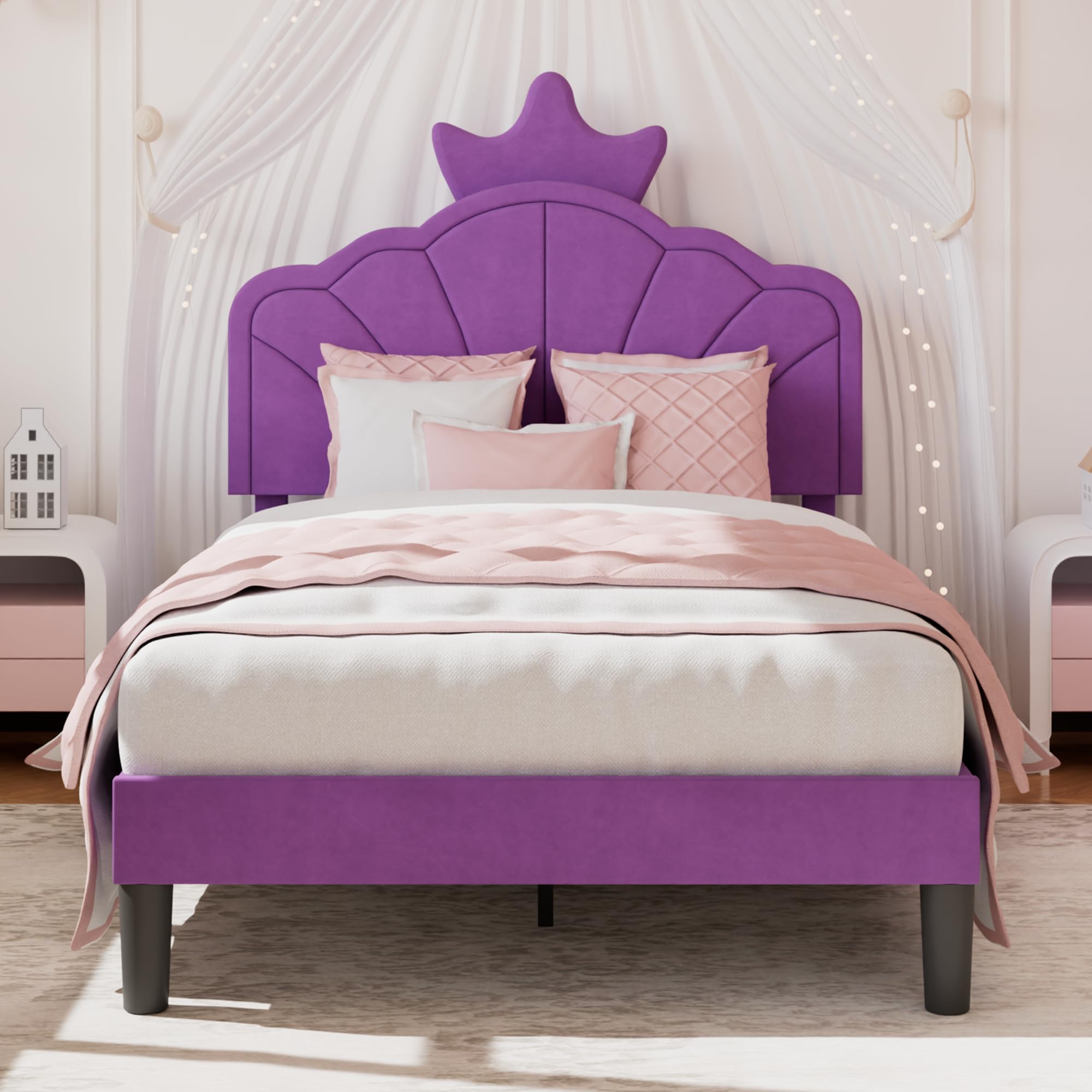 VECELO Twin Size Bed Frame with Crown Headboard, Upholstered Platform Bedframe with Strong Wood Slat Supports, No Box Spring Needed, Purple