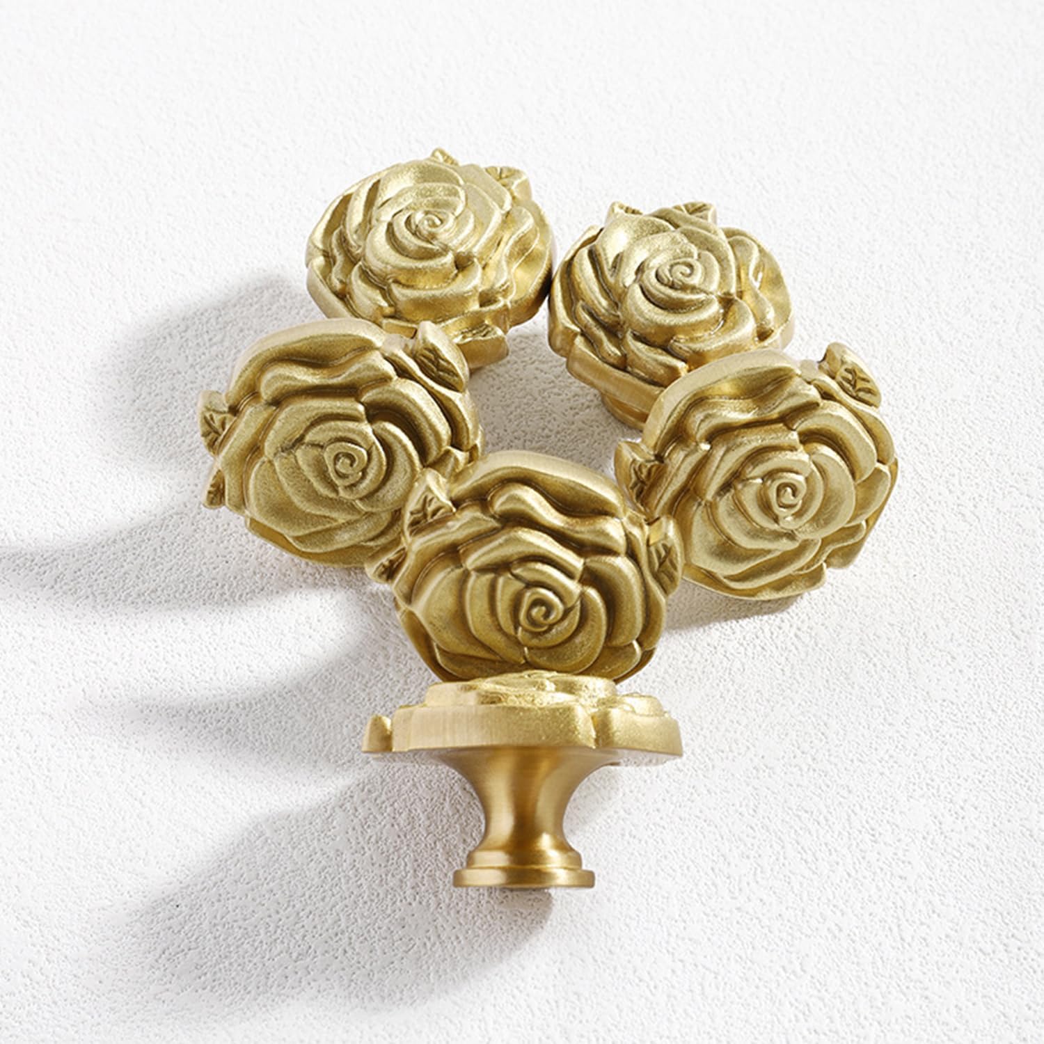 4PCS Rose Flower Knobs, Brushed Gold Cabinet Knobs Vintage Knob Flower Shape Decorative Brass Hardware Single Hole Handls Pulls for Drawer Dresser Cupboard