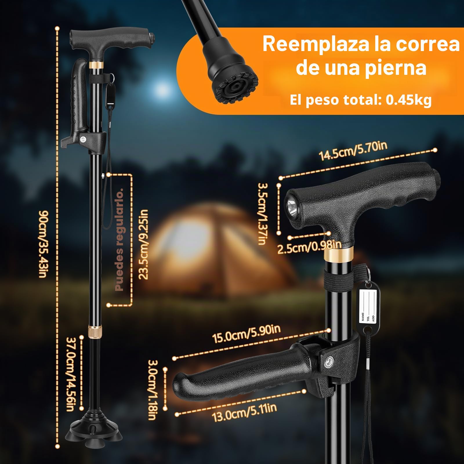 Bastón ajustable con doble asa, para hombres y mujeres mayores, con cuatro patas giratorias y base individual con tabla antiperdedores