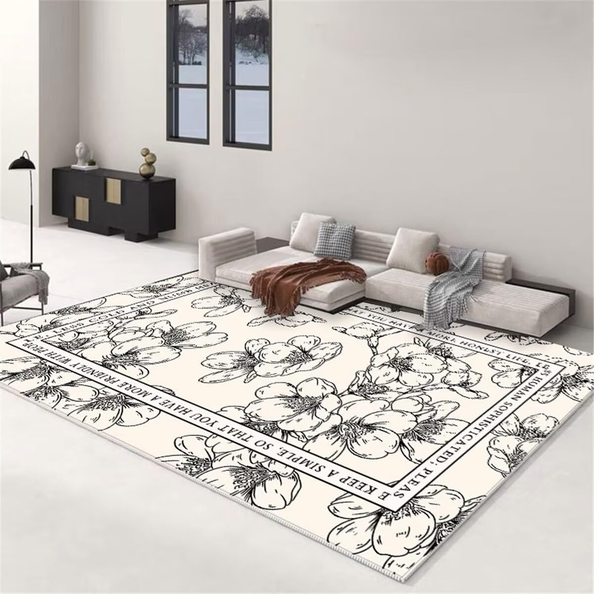 Tapis entrée extérieur et salon moderne noir et blanc floral 120x170