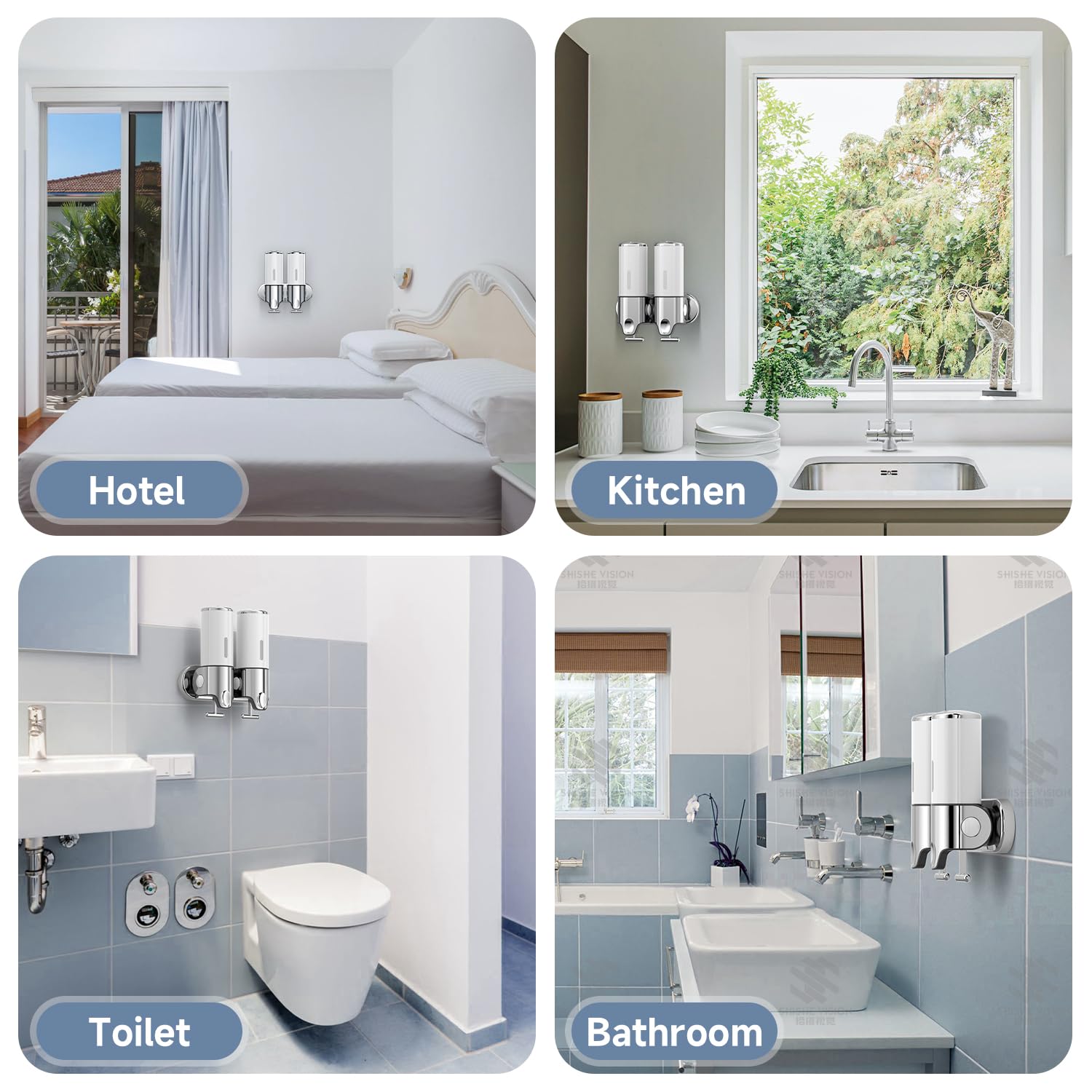 YIAOZ 2 in 1 Chamber Wall Mounted Bathroom Shower Pump Dispenser and Organizer,with Waterproof Label-Holds Shampoo,Soap, Conditioner,Shower Gel,for Bathroom Hotel,Non-drilled Wall Distributor(White)