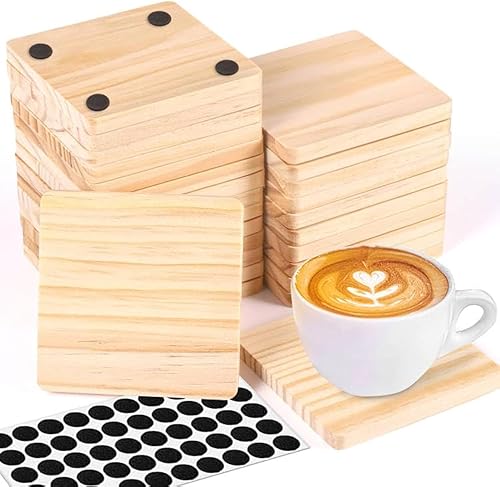 Paquete de 26 posavasos de madera sin terminar, posavasos cuadrados de madera en blanco de 4 pulgadas con puntos de silicona antideslizantes para