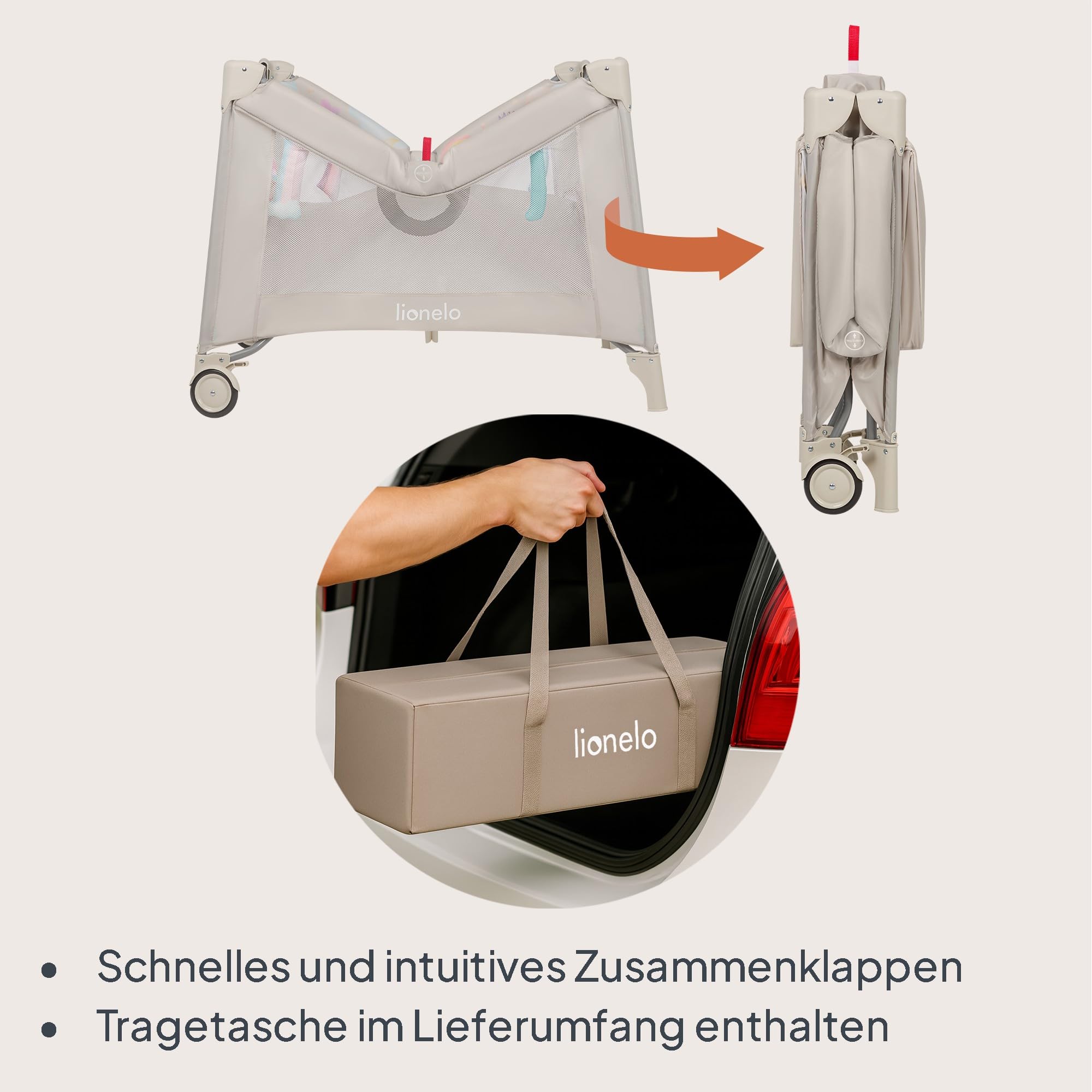 LIONELO Mille Plus Laufstall 100x100 cm mit Komfortmatte mit 3D-Bezug für Babys, bis 15 kg (0–36 Monate), Seiteneinstieg mit Reißverschluss, 2 Rollen mit Bremse, faltbar, Tragetasche