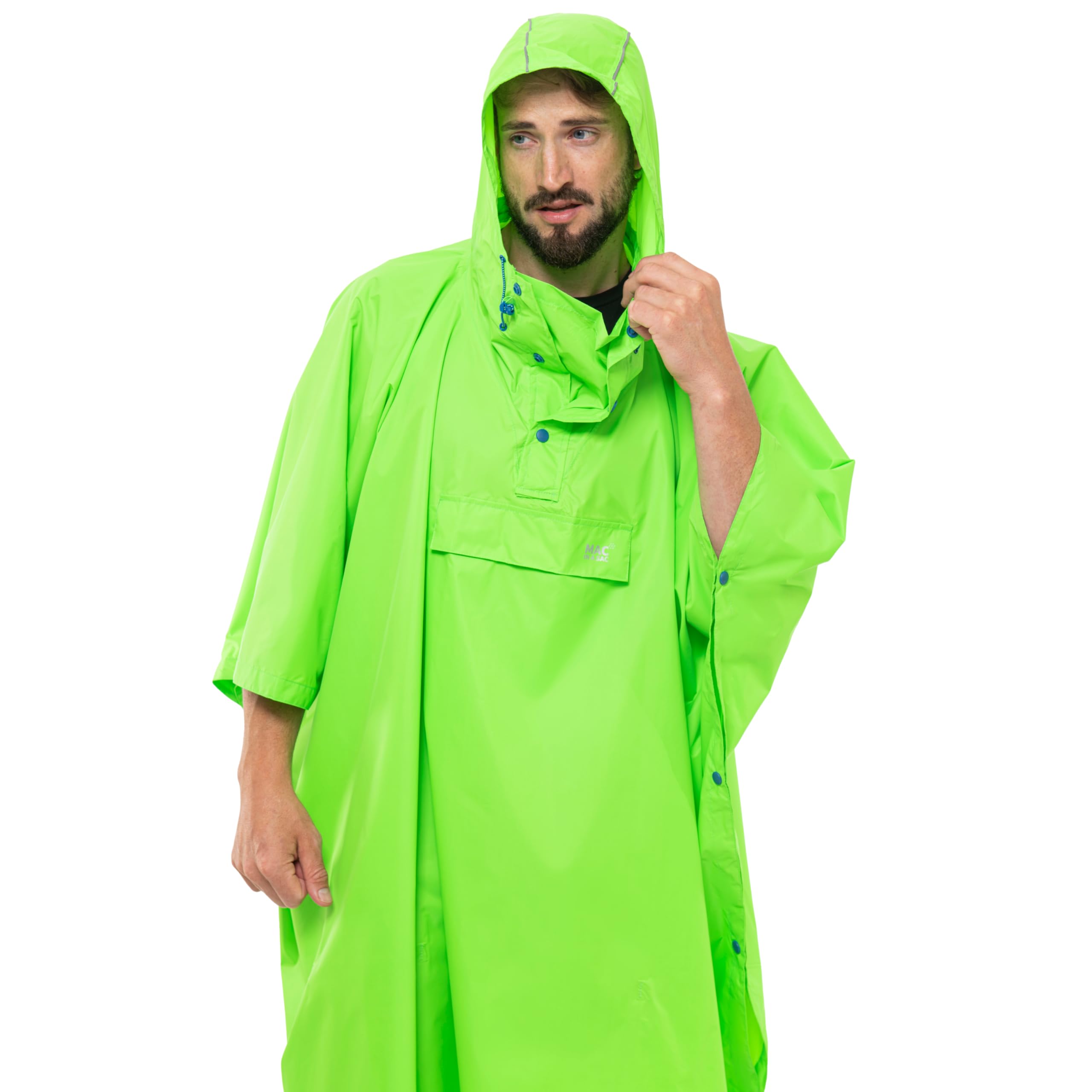 Mac in a Sac Składane ponczo przeciwdeszczowe dla mężczyzn i kobiet, lekkie, wiatroszczelne i oddychające, wodoodporna kurtka z kapturem i paskami na nadgarstek do jazdy na rowerze