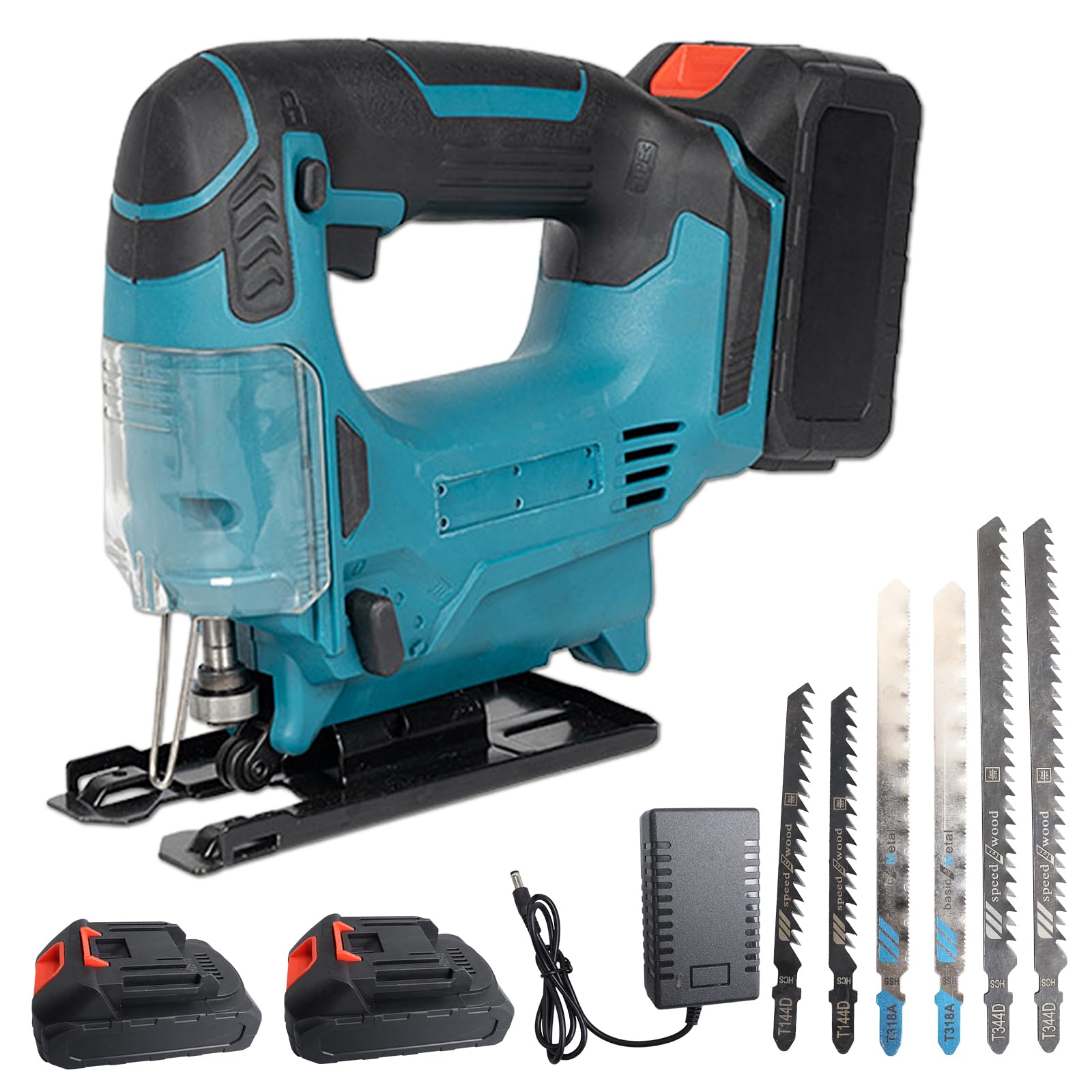 JIMACRO 3 Velocidades Sierra de Calar, Inglete ± 45° Sierra de Calar Eléctrica con 2 * 1500mAh Batería, 6 Hojas de Sierra, Caladoras Madera para Cortar Metal Madera Plástico (con batería)