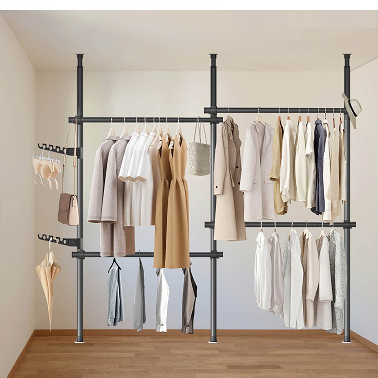 Asta per vestiti Teles, Sistema di organizzazione dell'armadio, Appendiabiti per camera da letto, Stendibiancheria regolabile in altezza, a doppio strato, Capacità di carico fino a 100 kg/Nero/220