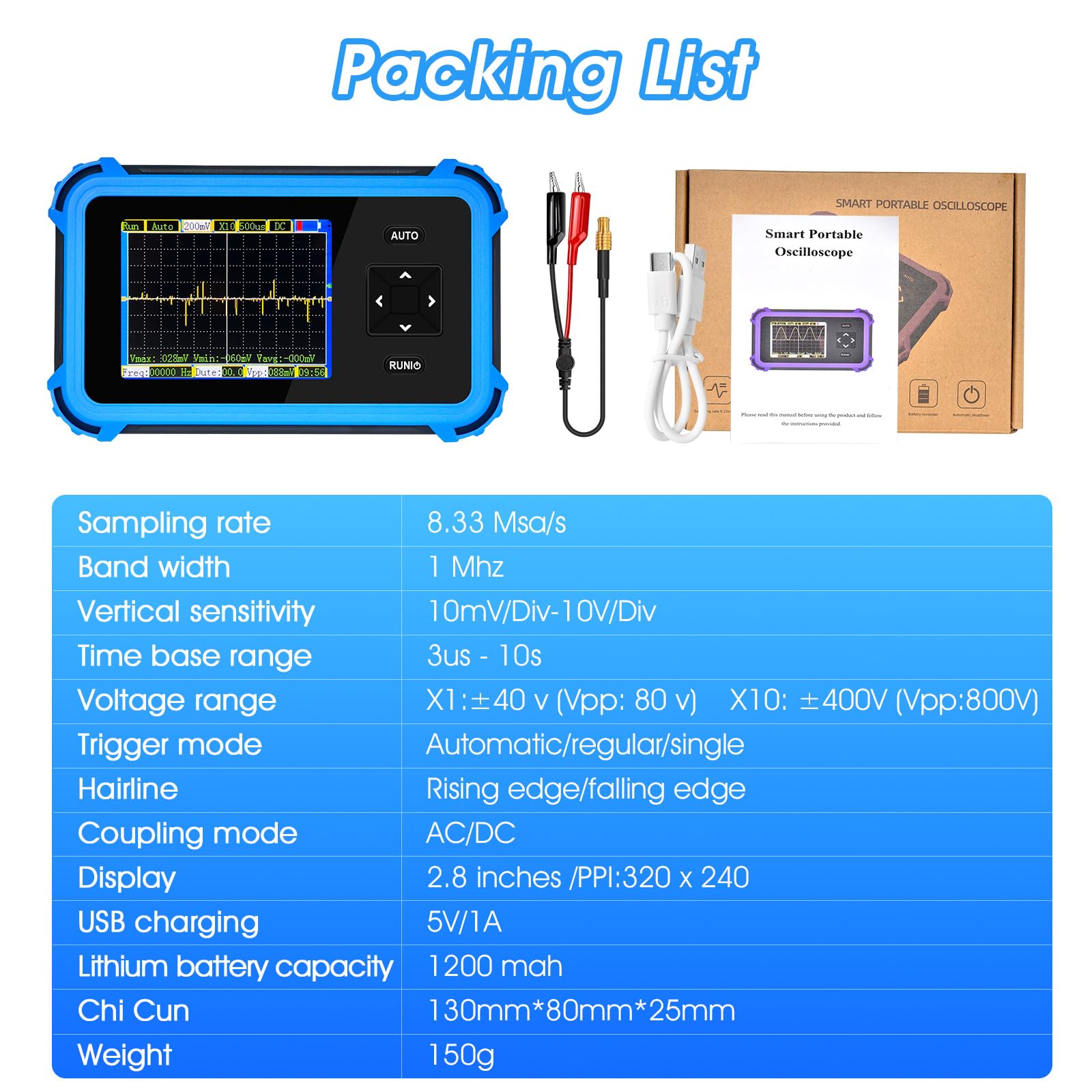Handheld Oszilloskop für Einsteiger | AIOMEST Tragbares Mini Oszilloskop mit 1MHz Bandbreite & 8,33MS/s Abtastrate | ±400V Messbereich (800Vpp X10) | Für Kfz-Diagnose Elektronikbastler Schülerlabor
