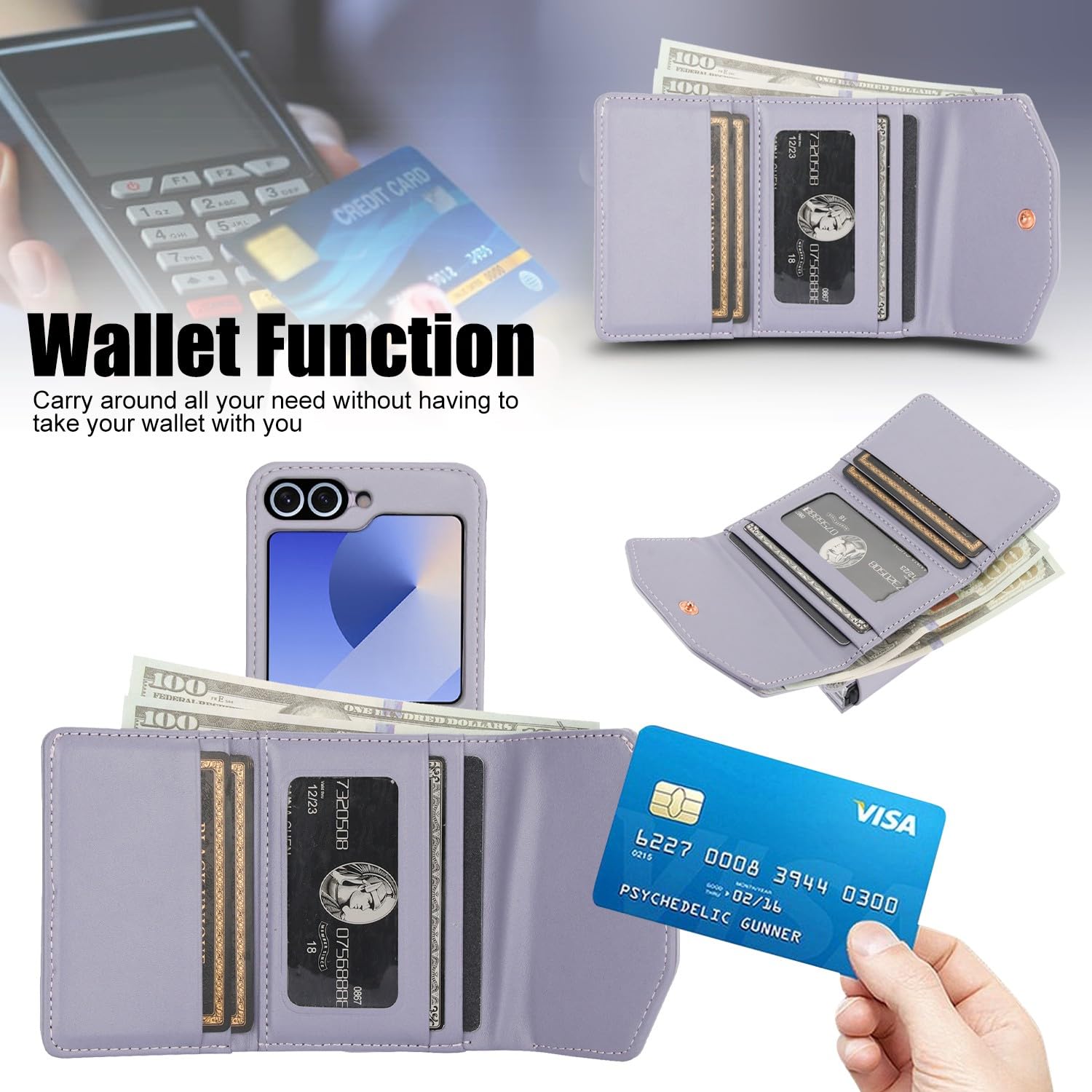 Etui portfelowe na telefon komórkowy Samsung Galaxy Z Flip 8 z wbudowaną skórzaną przegródką na gotówkę i uchwytem na karty kredytowe, regulowany pasek crossbody, ochrona zawiasów dla kobiet i