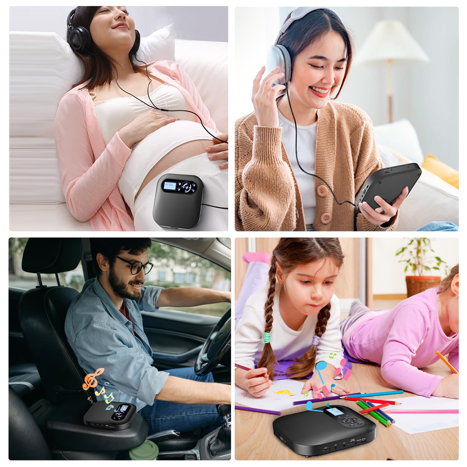 DESOBRY Reproductor de CD portátil con Bluetooth y Altavoces, Discman CD portatil Recargable para automóvil con FM, Anti-Skip, Reproductor CD con Tomas de Auriculares duale