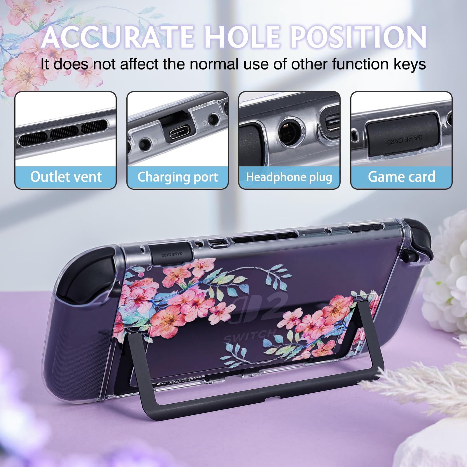 DLseego Protective Case Flower Floral Clear Switch 2 (2025), Detachable Joy-Handle Protective Case 2-Piece Split Full Wrap PC Hard Shell Anti-Scratch All-Round Protection Cover, Peach Blossom, Pink - 3