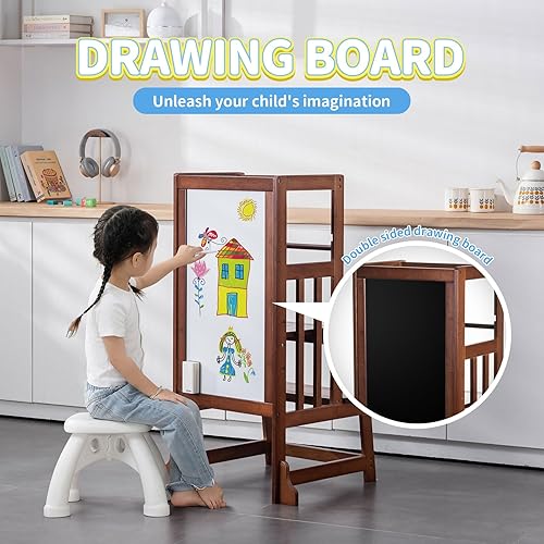 Miniatura 3 de UNICOO Taburete de bambú de altura ajustable para niños, torre de pie de cocina para niños, taburete de cocina estilo Montessori con tablero de arte