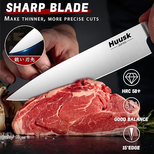 Miniatura 5 de Huusk Juego de 3 cuchillos de chef, juego de cuchillos japoneses de acero inoxidable aptos para lavavajillas, juegos de cuchillos de cocina ultra