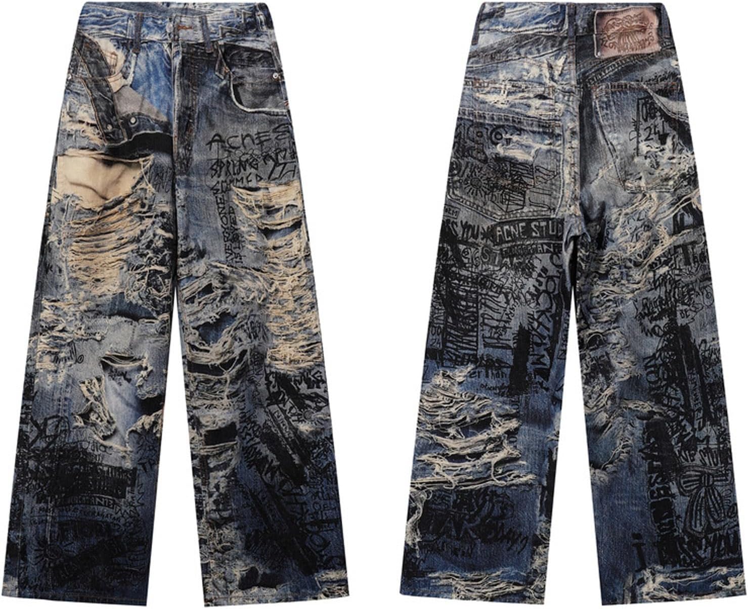 Gothic Straight Leg Casual Denim Pants Street wear Men's Hip-hop Loose Print Wide Leg Washed Pants