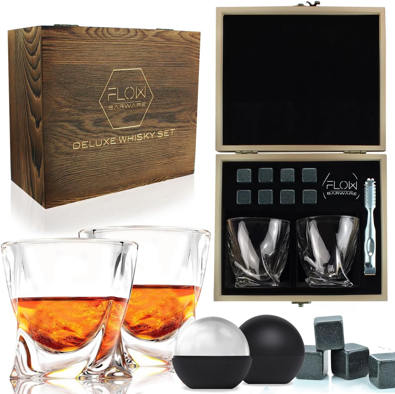 Twist Whiskey Glasses Set Of 2 & Polished Whisky Stones Gift Set | Whiskey Glass Tumblers With Twisted Design | Whisky Glass For Scotch, Bourbon | Whiskey Gift Sets For Men