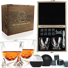 FLOW Barware Twist Whiskey Glasses Set Of 2 & Polished Whisky Stones Gift Set | Whiskey Glass Tumblers With Twisted Design | Whisky Glass For Scotch, Bourbon | Whiskey Gift Sets For Men