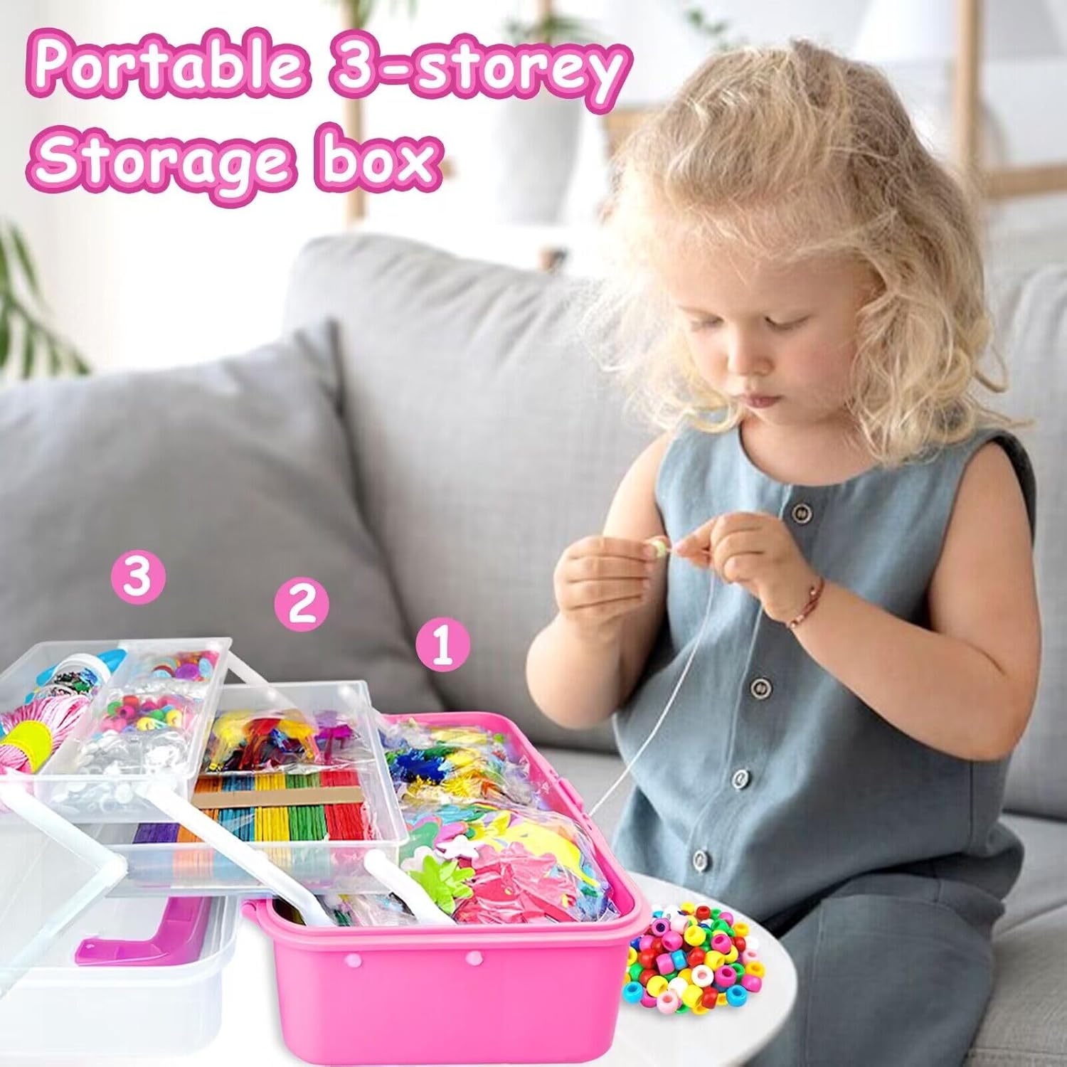 3000 Arts and Crafts Supplies for Kids Craft Kit All in 3 Layered Craft Box with Pipe Cleaners Crafts for Kids Age 4-6, 6-8, 8-12 DIY School Supplies Materials Set Toys Gifts for Girls Boys, Red