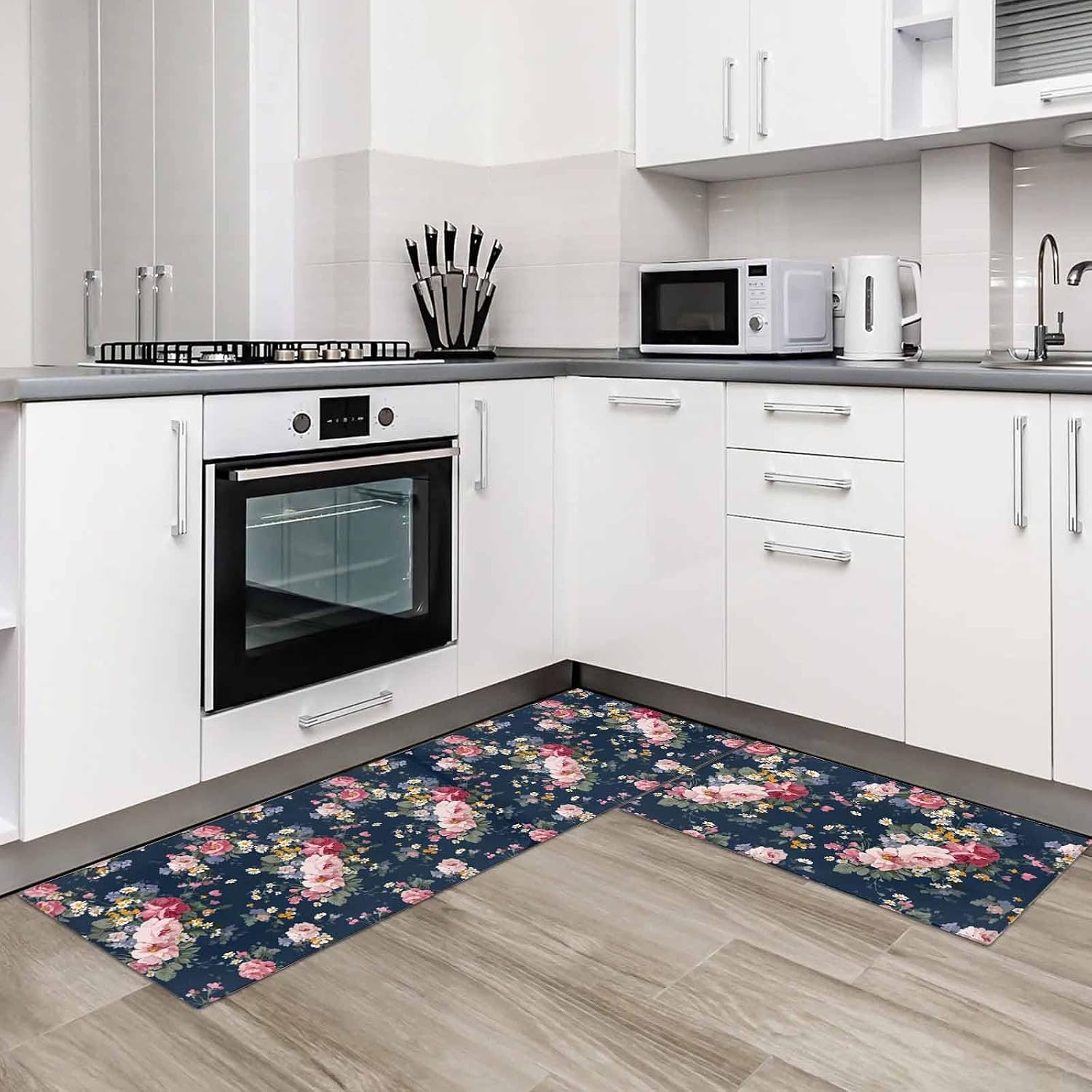 Kitchen Mats for Floor Pastoral Rose Gradient Pink Washable Non Slip Kitchen Rugs 2PCS, Farmhouse Floral Navy Blue Absorbent Standing Mats for Sink Bathroom Office Living Room 15.7x23.6in+15.7x47.2in