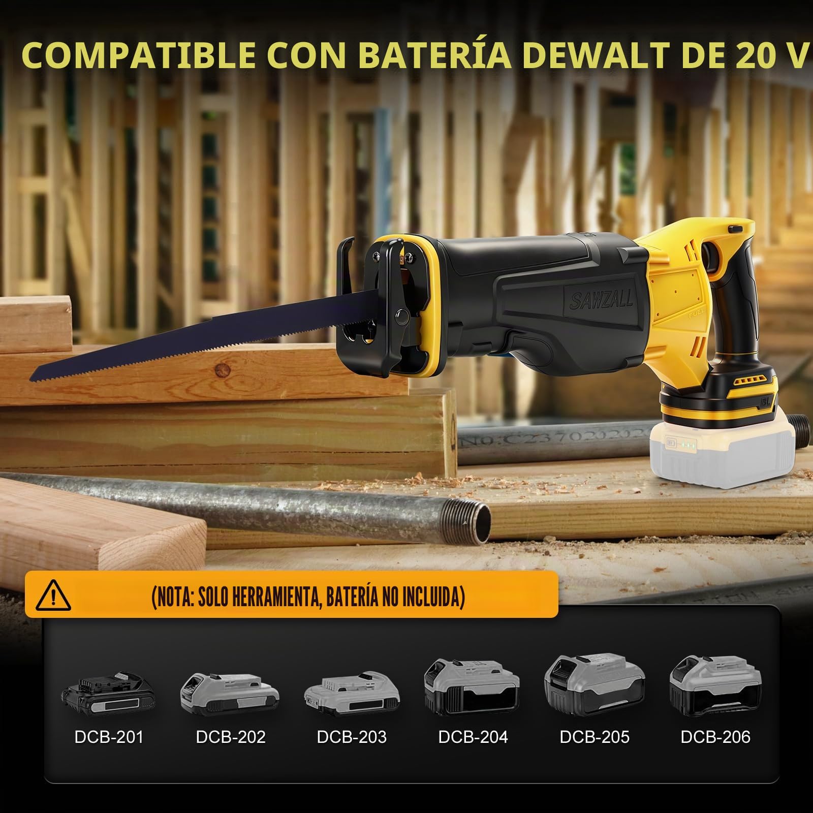 WingFly Sierra sable inalámbrica para Dewalt 18 V, 20 V batería, Sierra Alternativa profesional con 4 hojas, 3500 rpm, Sierra Recíproca Eléctrica con Velocidad Variable