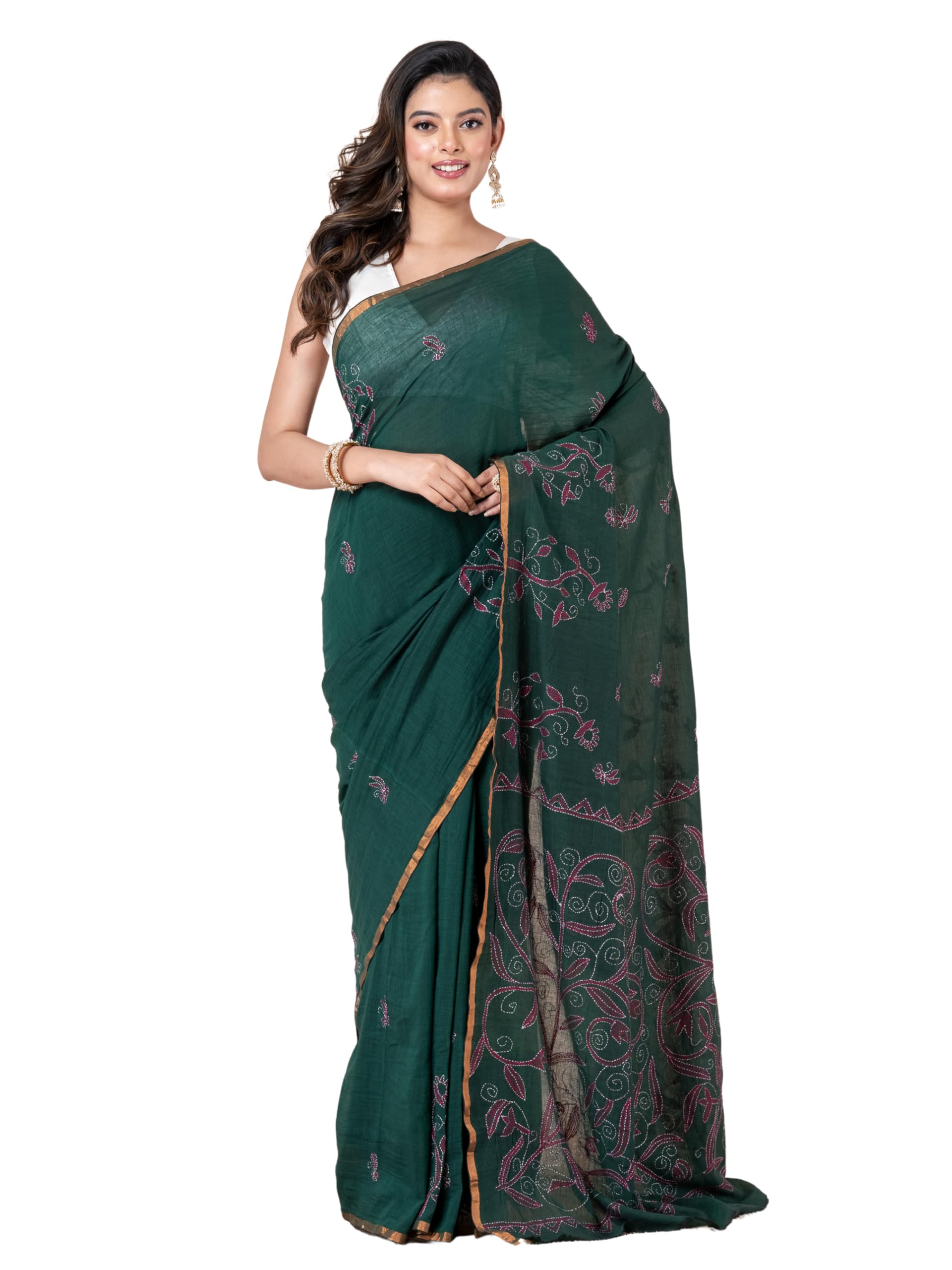 Kantha Handmade Pure Cotton Saree with Blouse Piece – Hand-Stitched by Women Artisans|Soft Bengal Embroidary-image-20