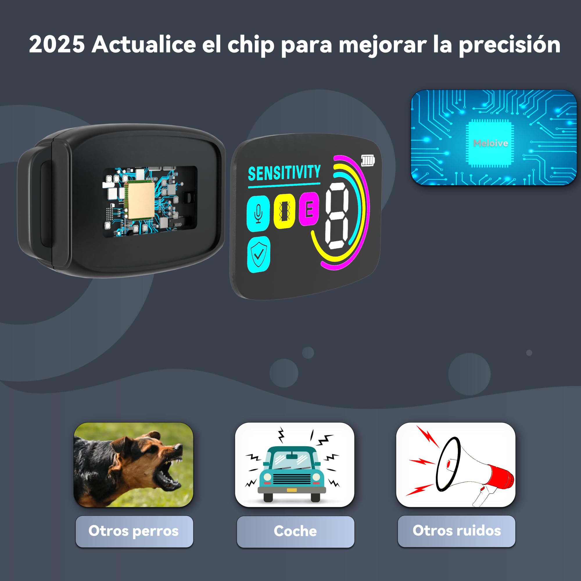 Meloive Collier Anti Aboiement Chien, Détection Intelligente des Aboiements, 4 Modes Vibration/Choc Statique/Son, 8 Niveau d'intensité, Rechargeable pour Gros Petit Chiens
