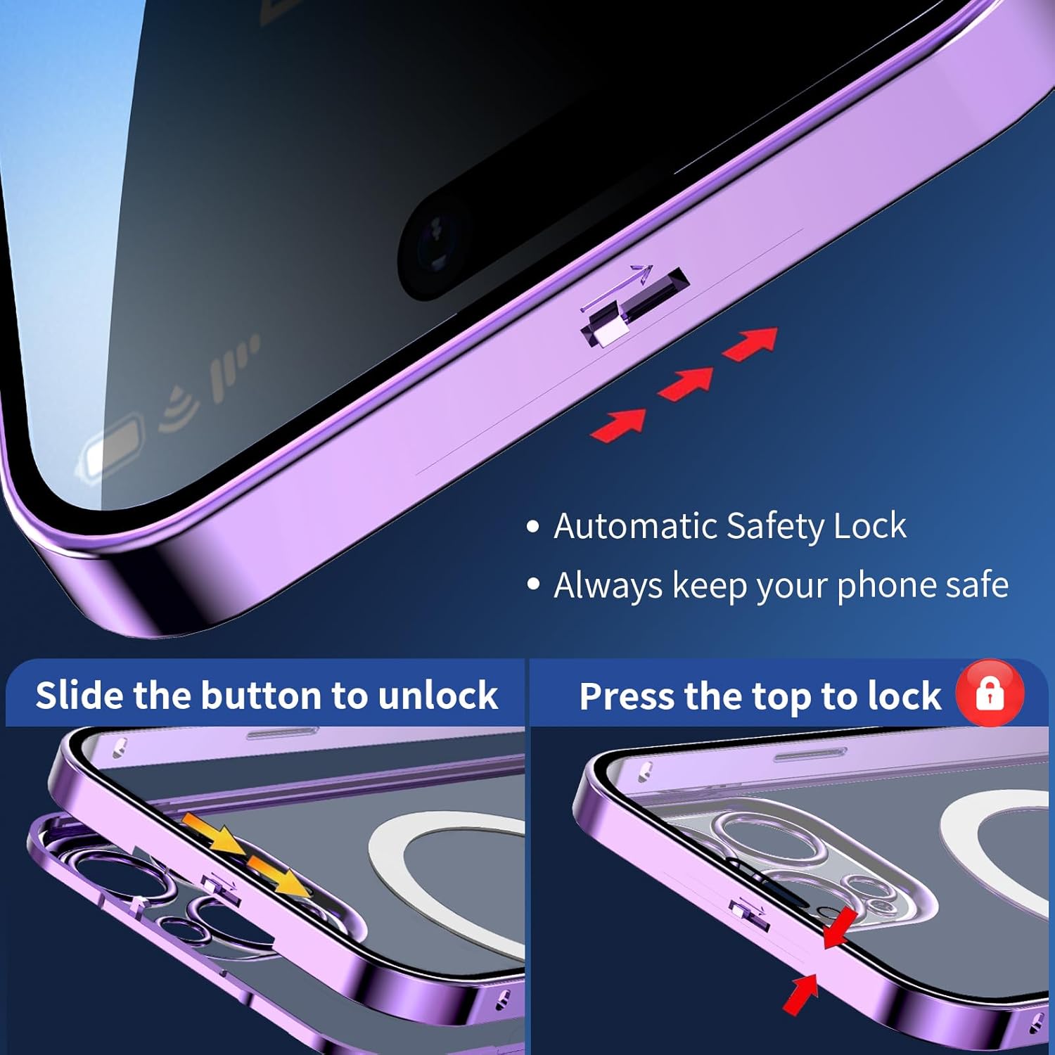 [CD Metal Ring & Safety Lock Full Body Privacy Case for iPhone 14 Pro [Compatible with MagSafe] [Integrated Lens Protection] Slim Metal Plating Bumper Clear Back Double-Sided Cover-Purple - Image 2