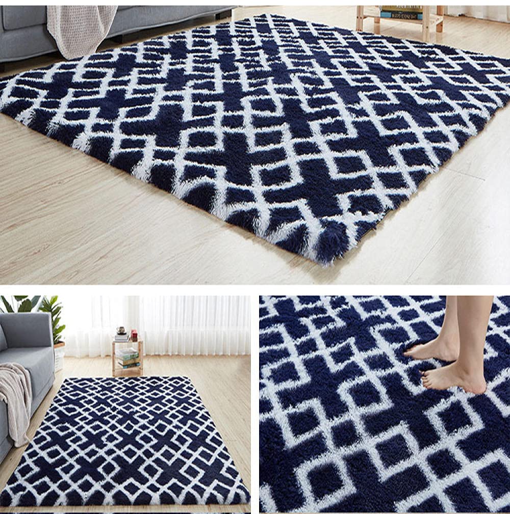 GZQIAWY Silky Fluffy Carpet Modern Home Decor Long Plush Shaggy Rug Children's Play Mats Sofa Living Bedroom Bedside Mat Balcony Carpets Dark blue-white stripes 60 X 240 cm