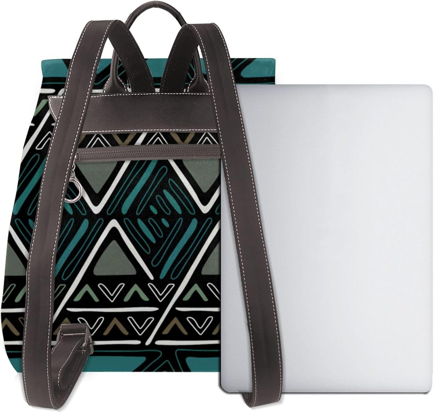 Black and Teal Mudcloth Inspired Boho Leather Backpack Purse for Women: Ladies Travel Fashion Back Pack - Genuine Leather Bag Casual Handbags for Work