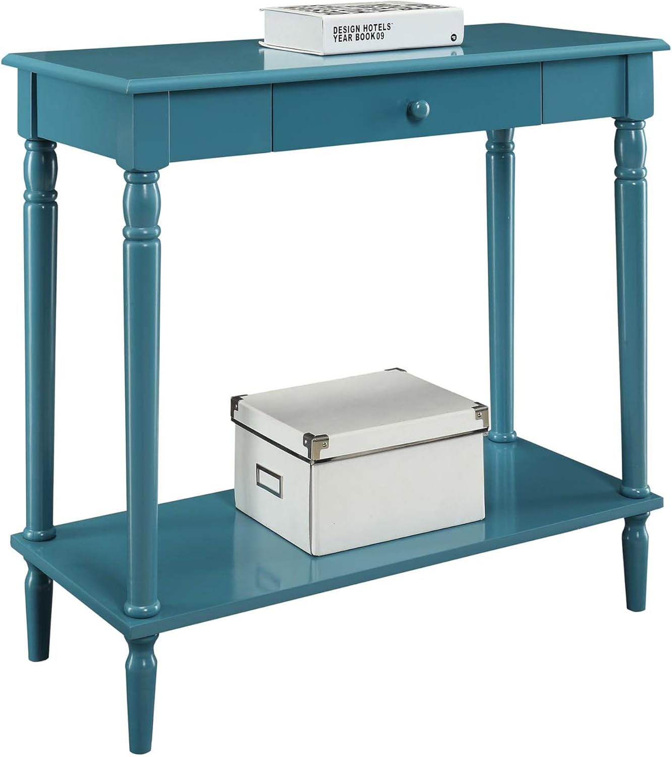 Convenience Concepts French Country 1 Drawer Hall Table with Shelf in blue, showcasing the drawer and shelf.