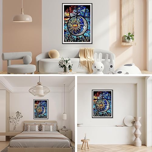 Miniatura 3 de SENQAO Kits de arte de diamantes 5D para adultos, pinturas de puntos de diamante de perforación completa de vidrieras, pintura redonda de sol con