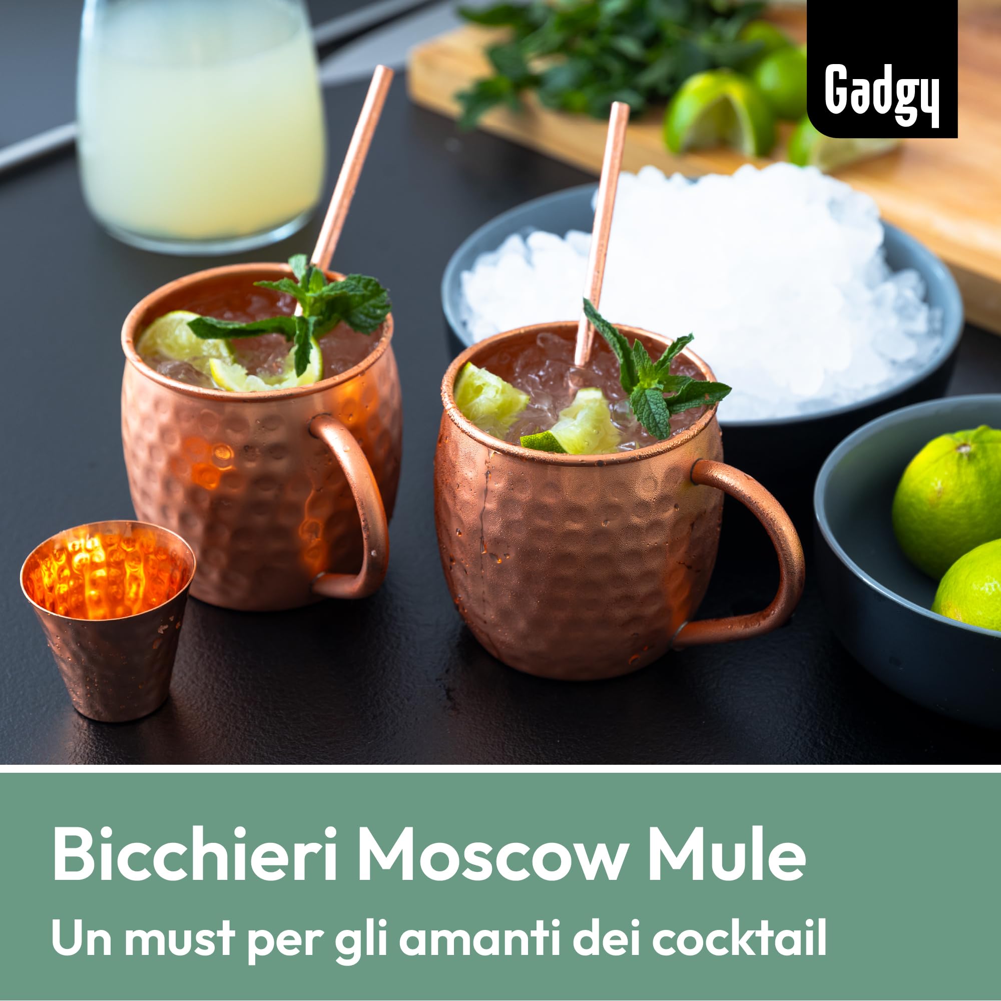 Gadgy Set Moscow Mule in Rame – 2 Tazze Cocktail Fatte a Mano con Cannucce & Misurino – Bicchieri in Rame 100% per Cocktail e Bevande Ghiacciate – Idea Regalo Elegante