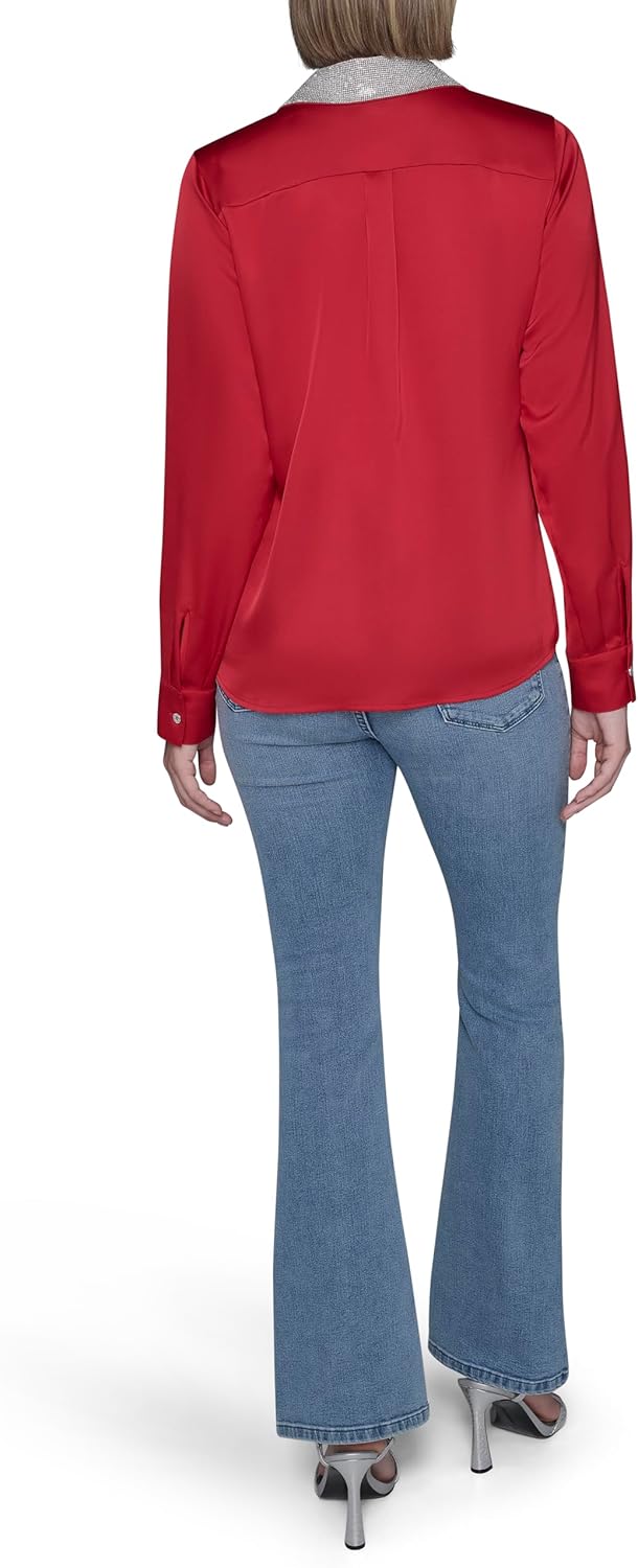 Karl Lagerfeld Womens Long Sleeve Collared Neck Crystal Collar Elevated Button Down - Image 4